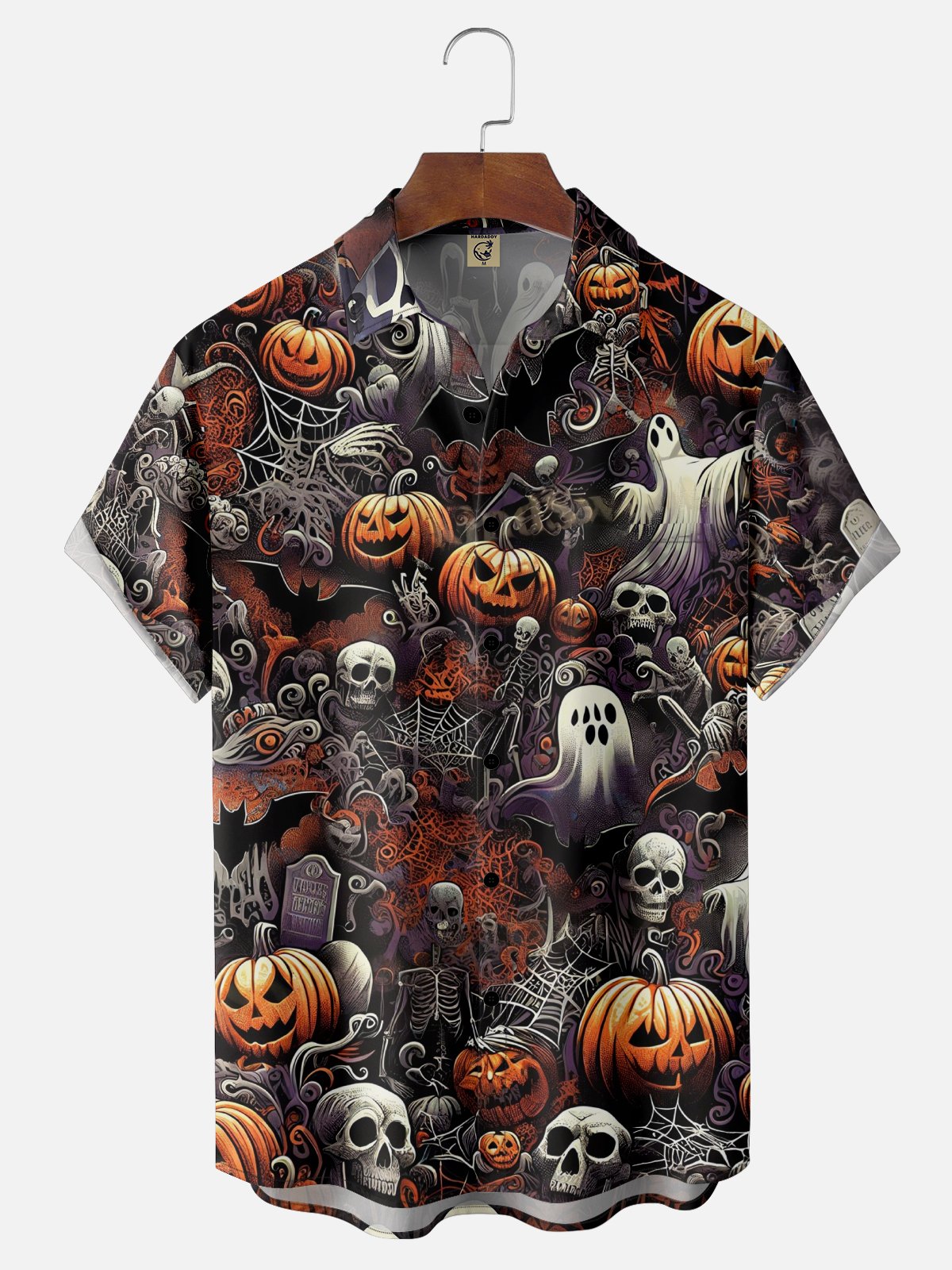 Moisture Wicking Halloween Pumpkin Ghost Chest Pocket Hawaiian Shirt