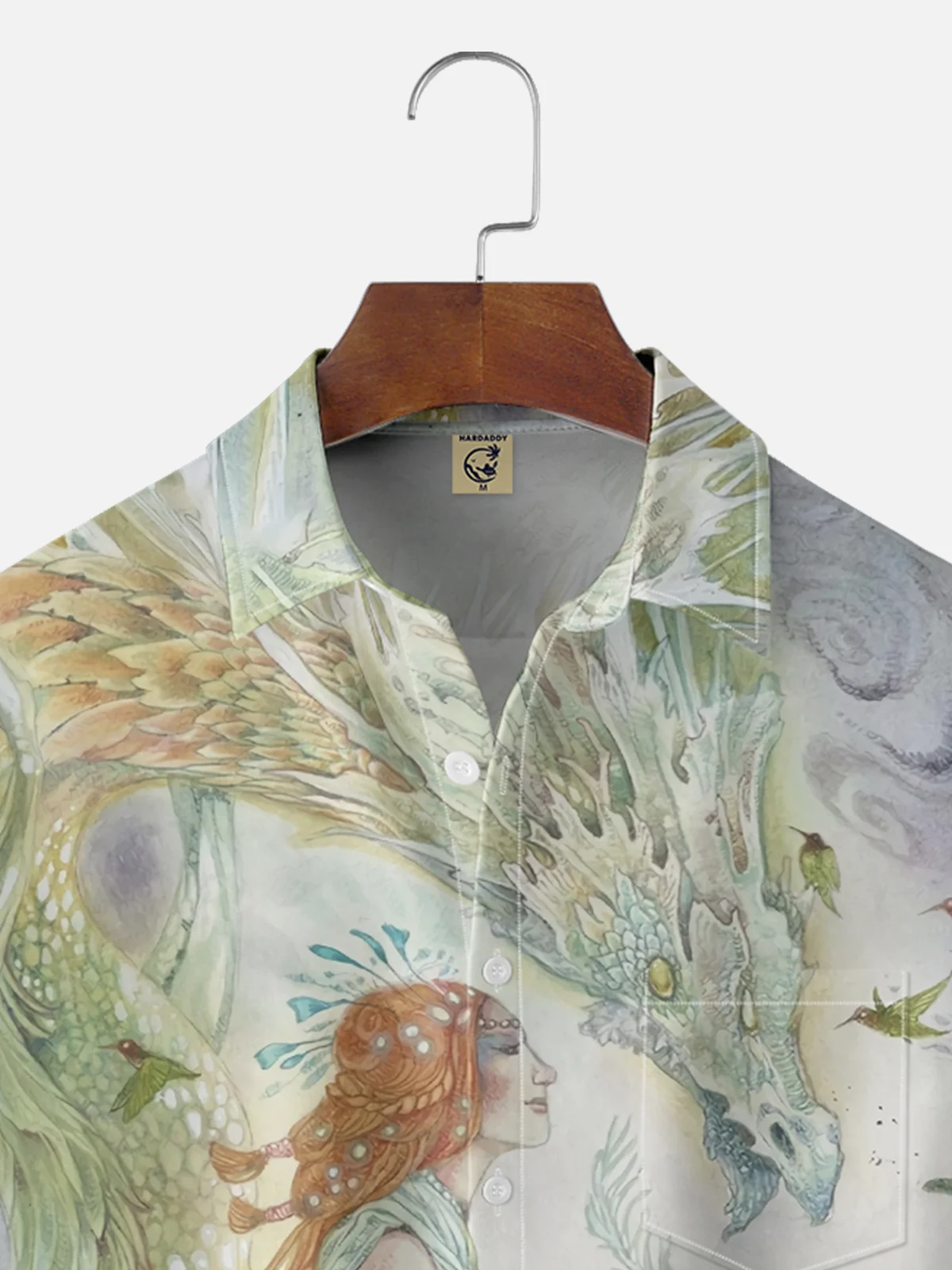 Moisture-wicking Art White Dragon Goddess Illustration Chest Pocket Casual Shirt