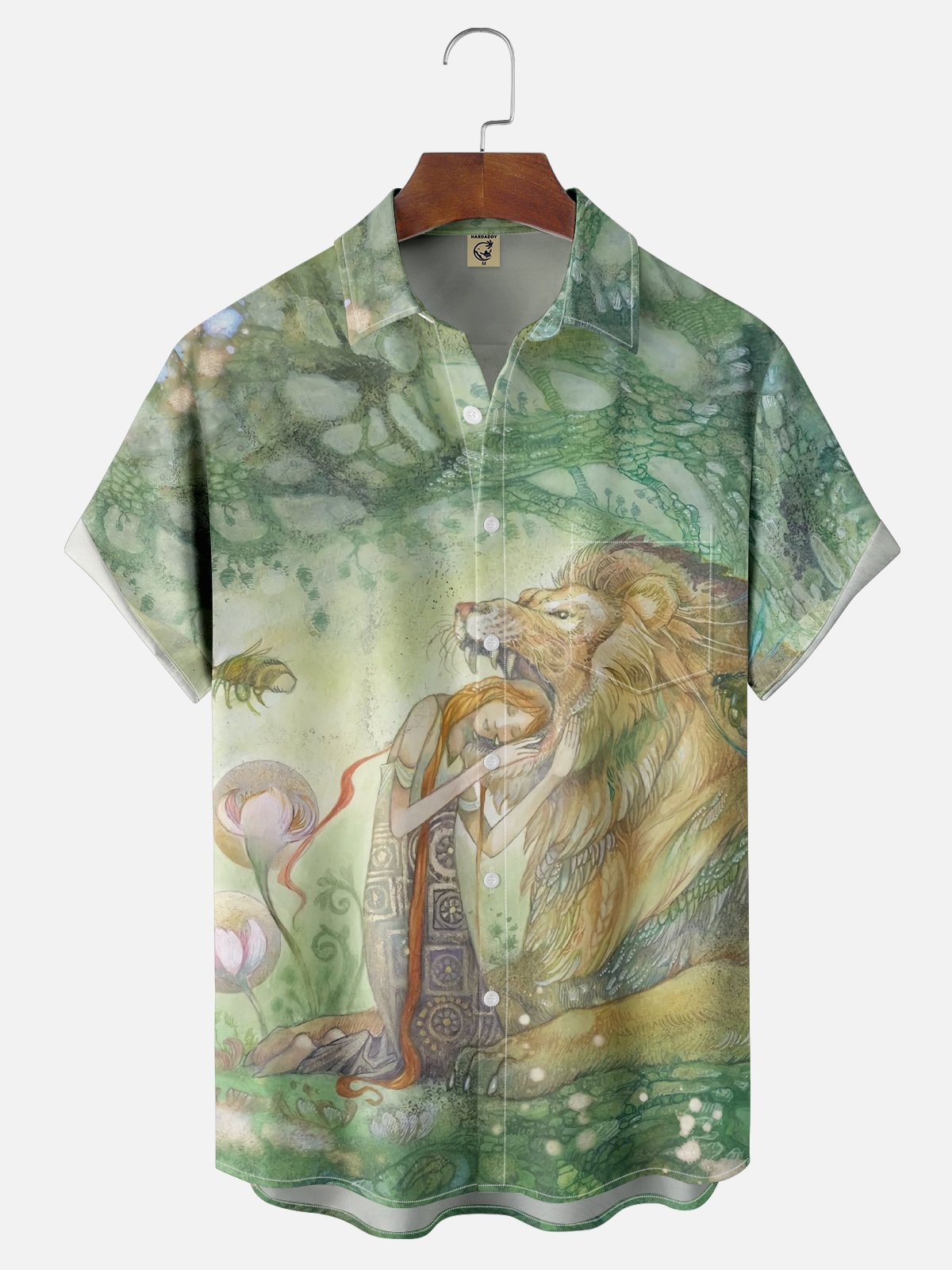 Moisture-wicking Art Lion Goddess Illustration Chest Pocket Casual Shirt