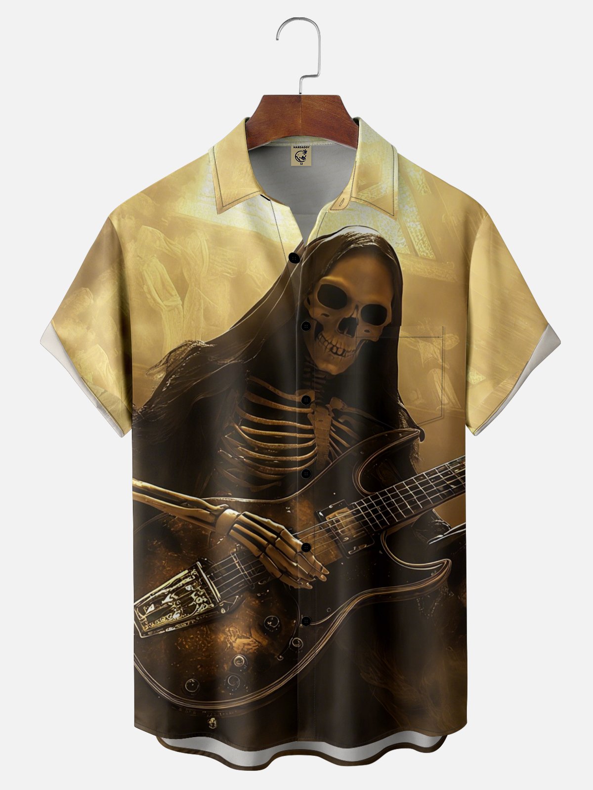 Moisture Wicking Day of the Dead Guitar Skull Chest Pocket Hawaiian Shirt