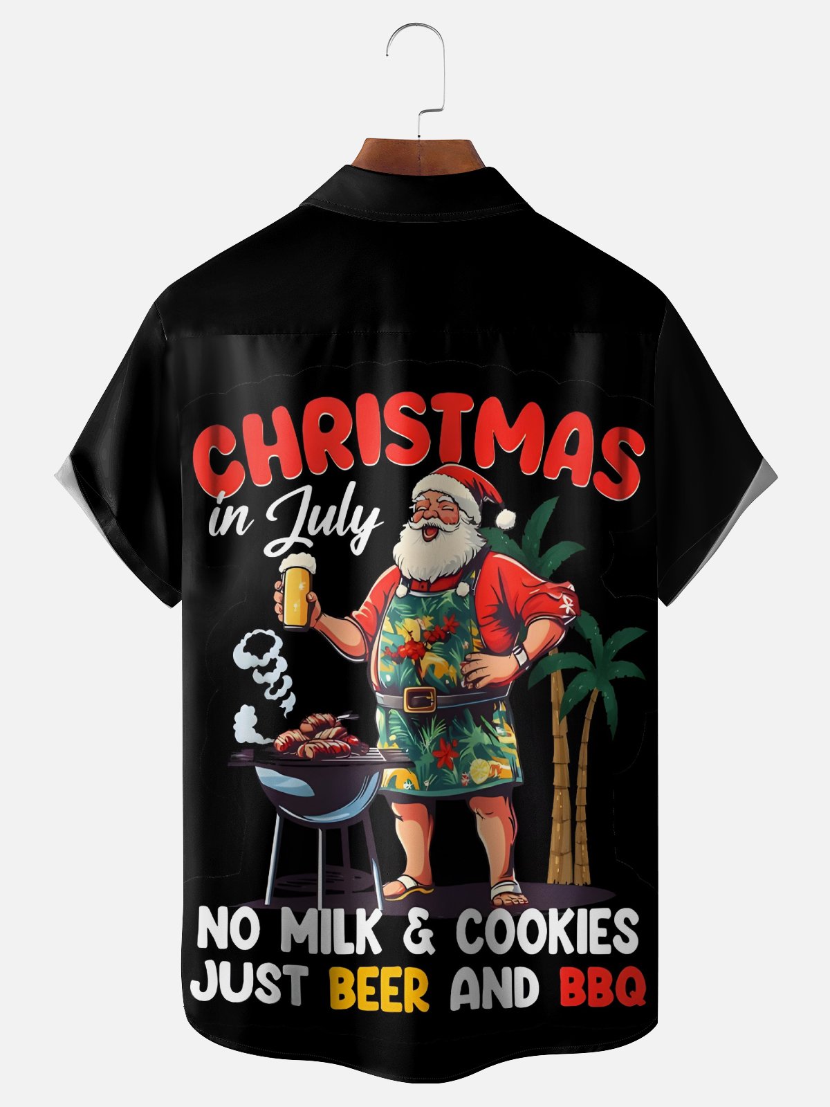 Moisture-Wicking Santa Claus BBQ Coconut Tree Lettering Chest Pocket Hawaiian Shirt