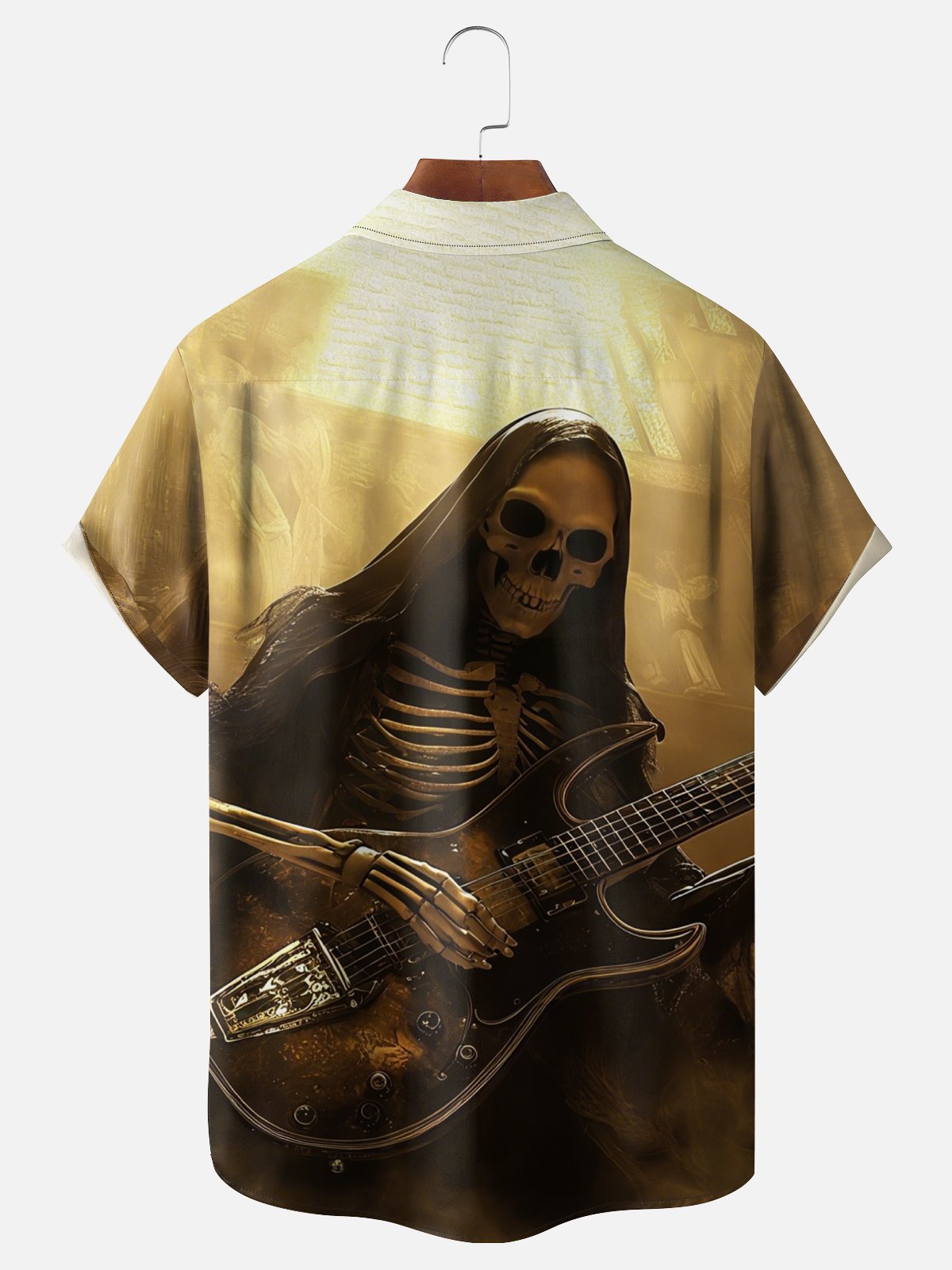 Moisture Wicking Day of the Dead Guitar Skull Chest Pocket Hawaiian Shirt