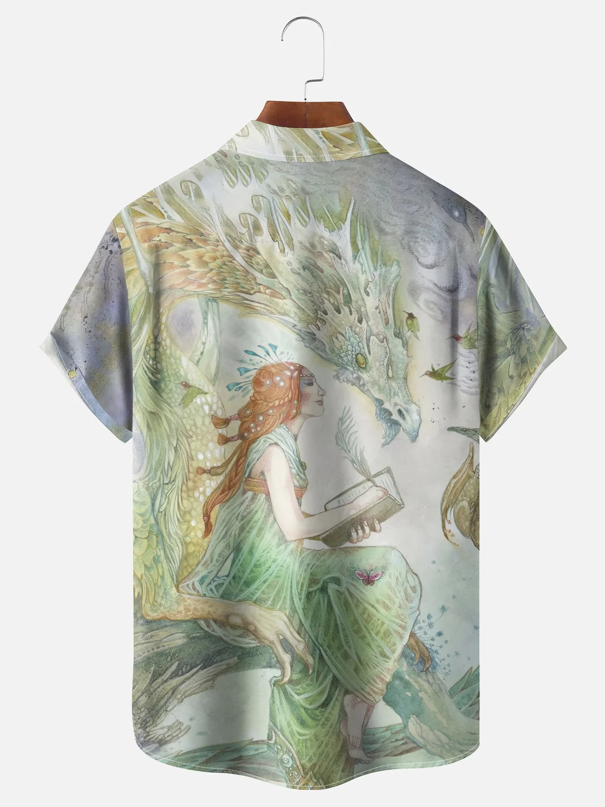Moisture-wicking Art White Dragon Goddess Illustration Chest Pocket Casual Shirt