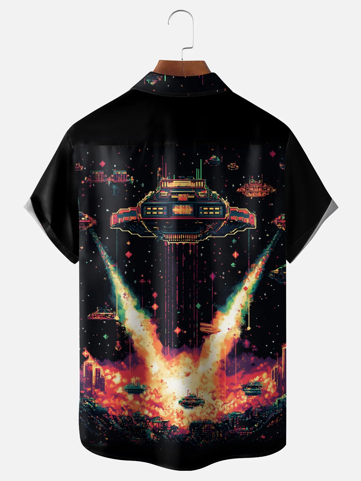 Moisture-Wicking Classic Arcade Space Invaders Clash of Bess Boss Chest Pocket Hawaiian Shirt