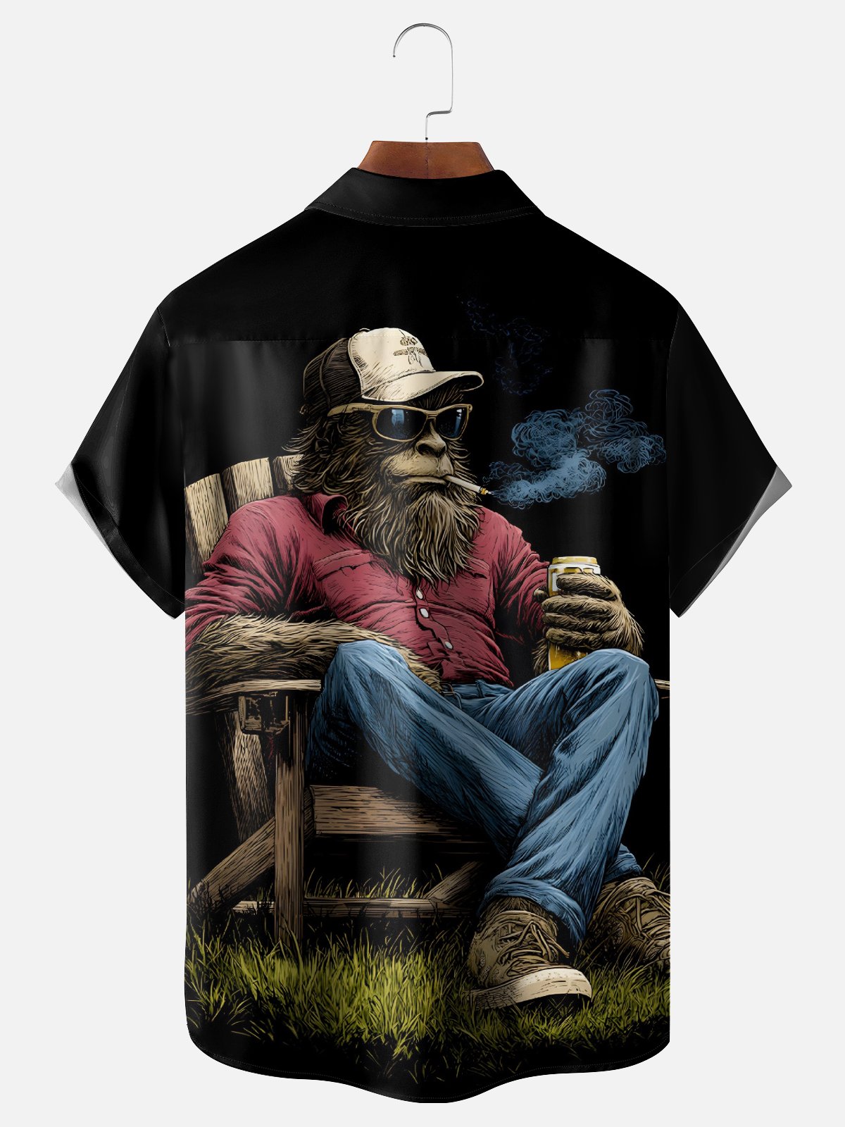 Moisture-Wicking Camping Bigfoot Chest Pocket Hawaiian Shirt