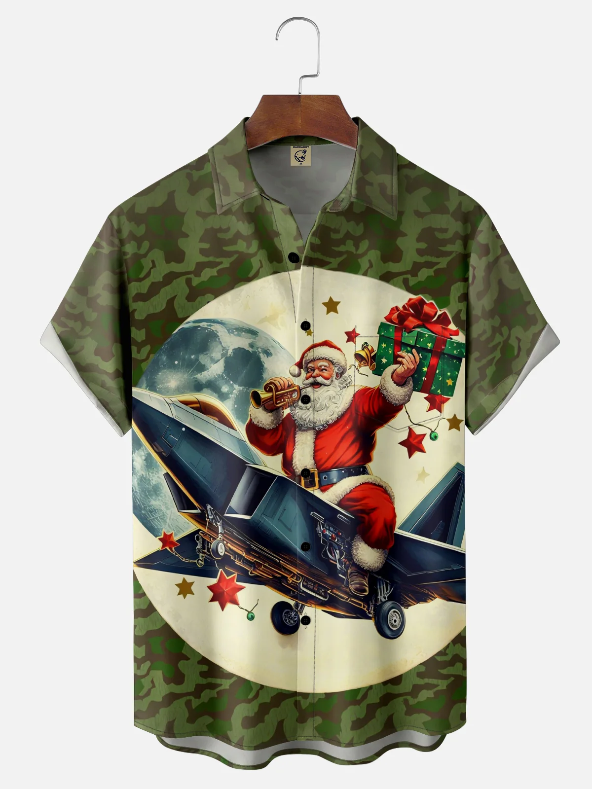 Moisture-Wicking Santa Claus Riding A Plane Camouflage Chest Pocket Hawaiian Shirt