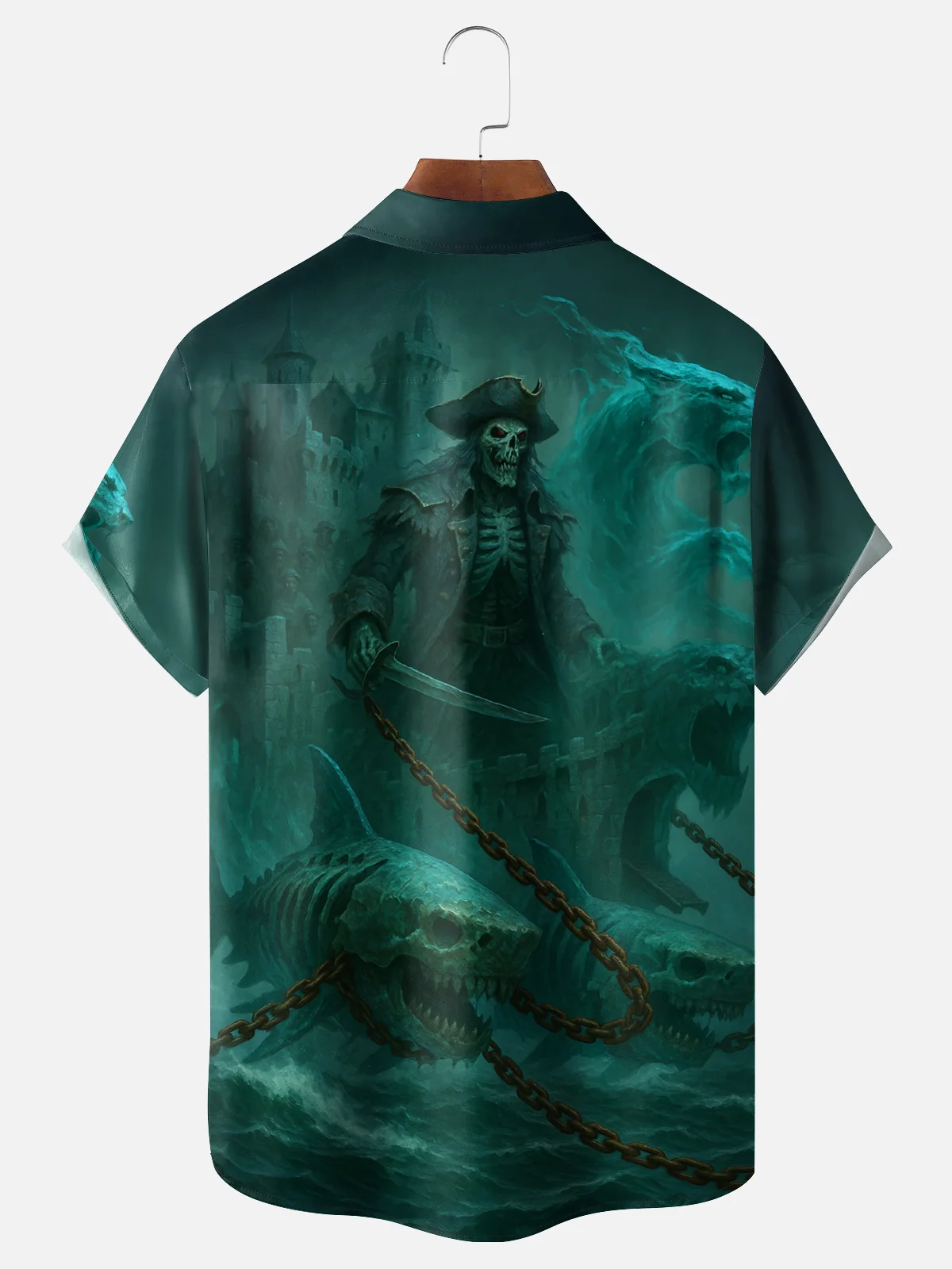 Moisture-wicking Pirate Ship Skeleton Shark Chest Pocket Casual Shirt