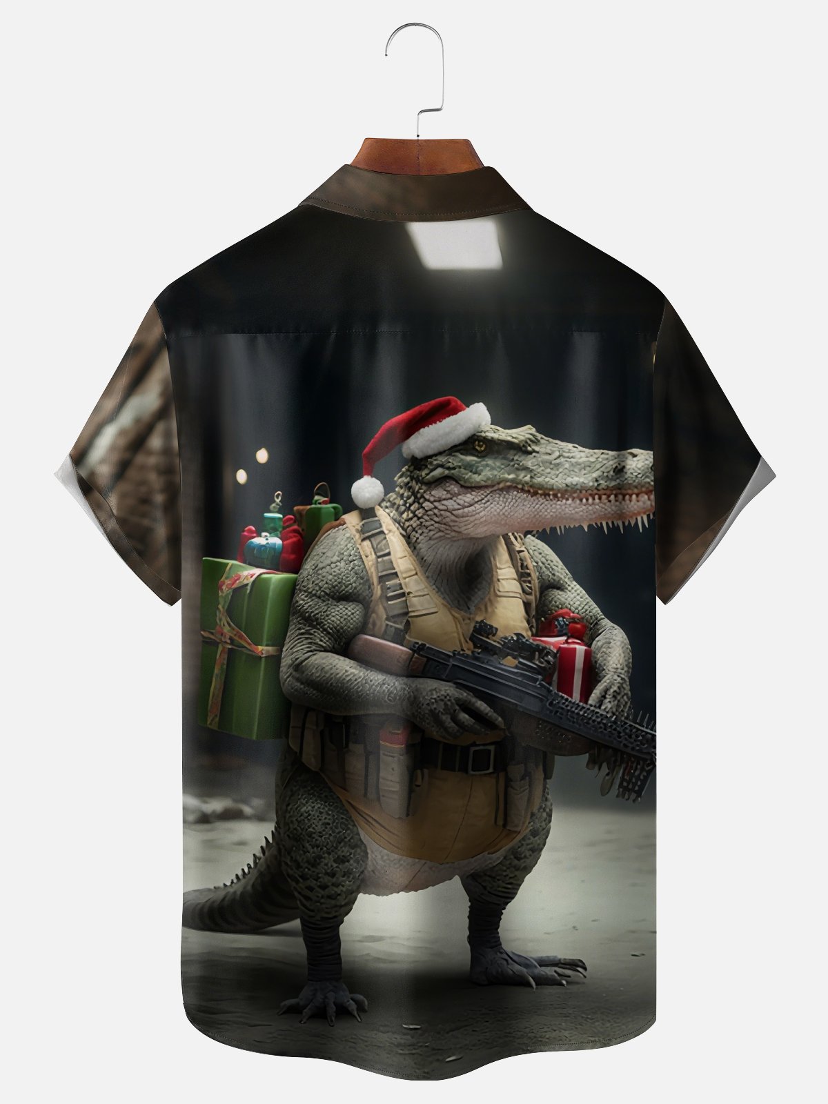 Moisture-Wicking Christmas Gradient Abstract Crocodile Santa Hat Chest Pocket Hawaiian Shirt