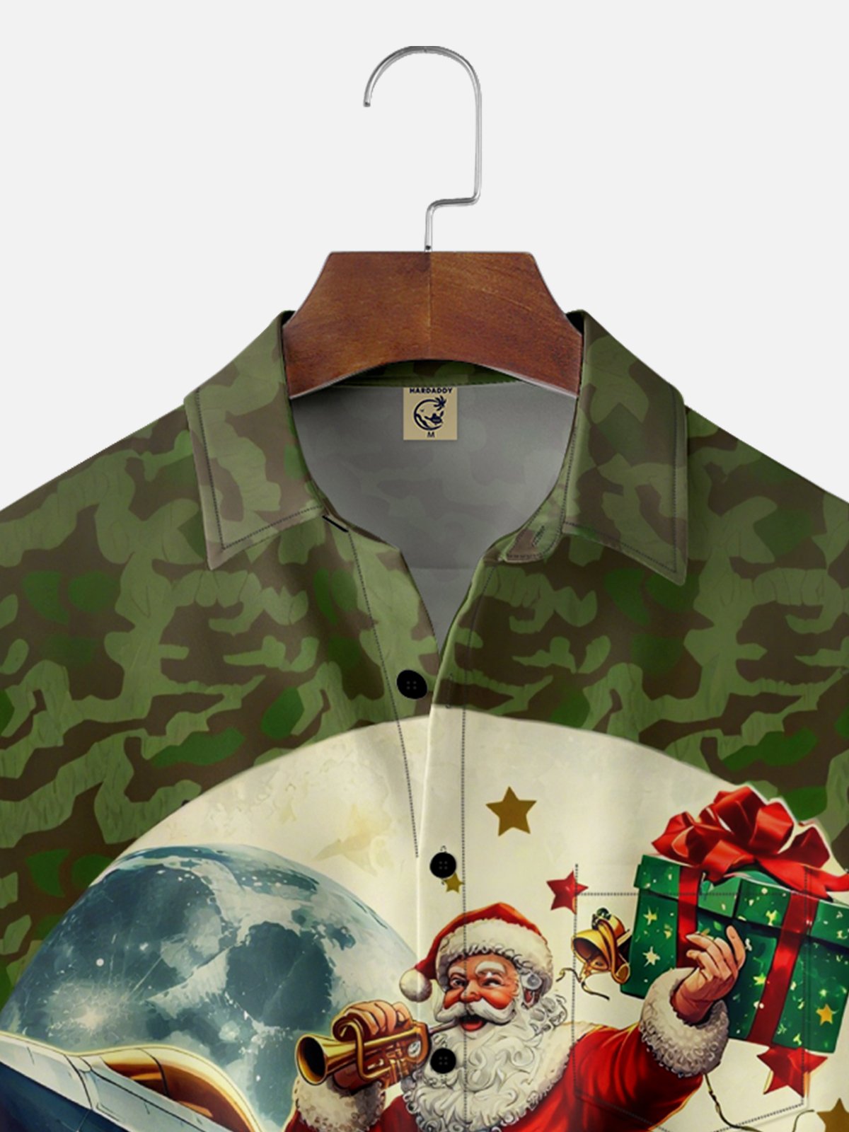 Moisture-Wicking Santa Claus Riding A Plane Camouflage Chest Pocket Hawaiian Shirt