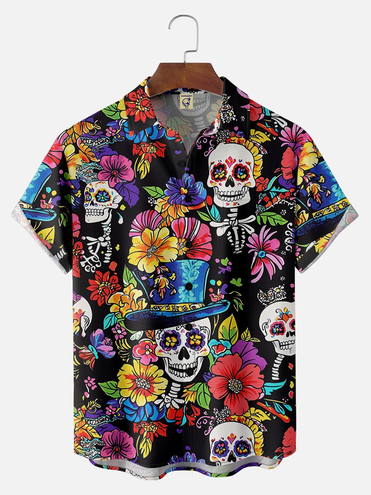 Big Size Moisture-wicking Day of the Dead Skull Chest Pocket Casual Shirt