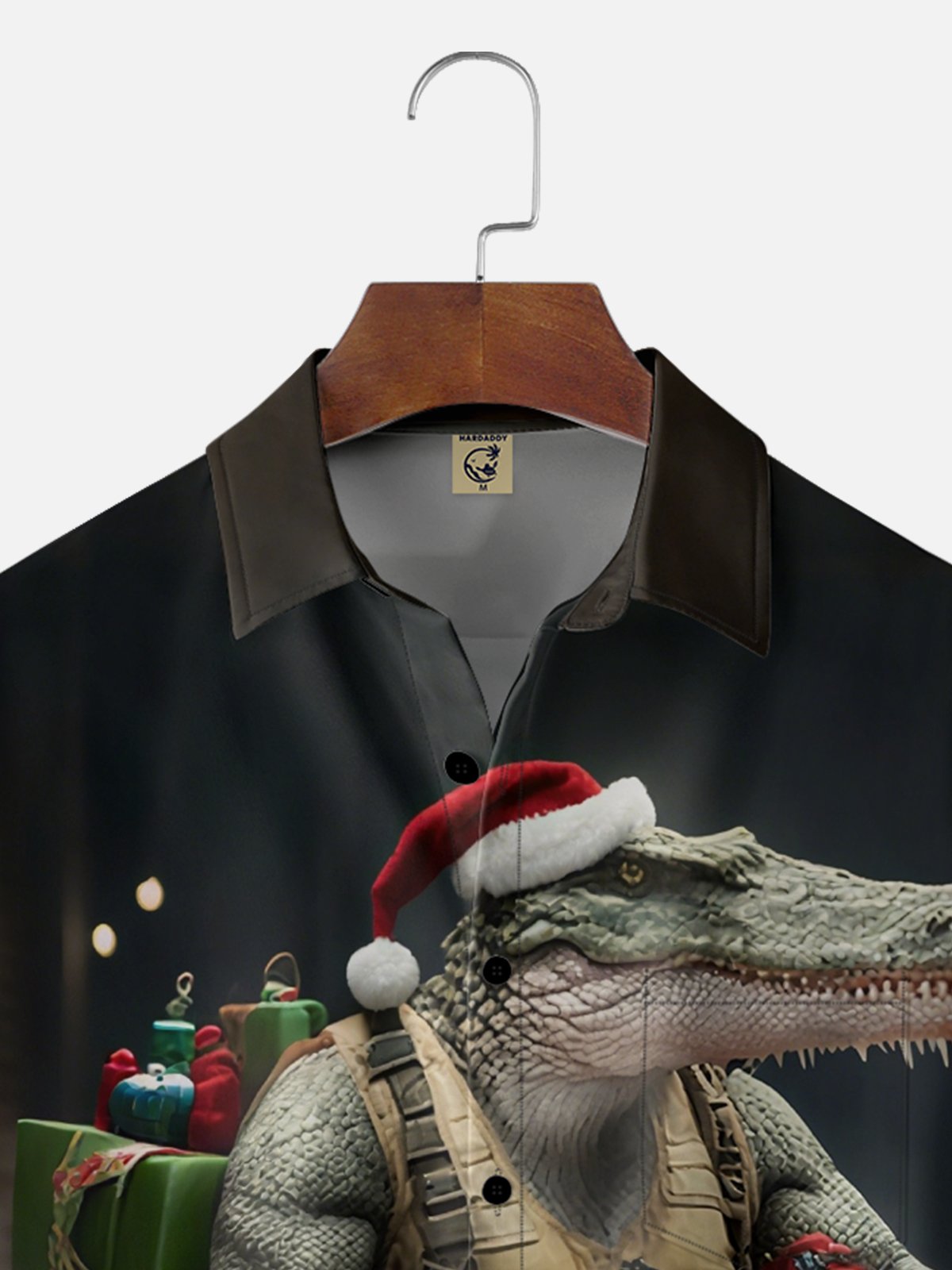 Moisture-Wicking Christmas Gradient Abstract Crocodile Santa Hat Chest Pocket Hawaiian Shirt