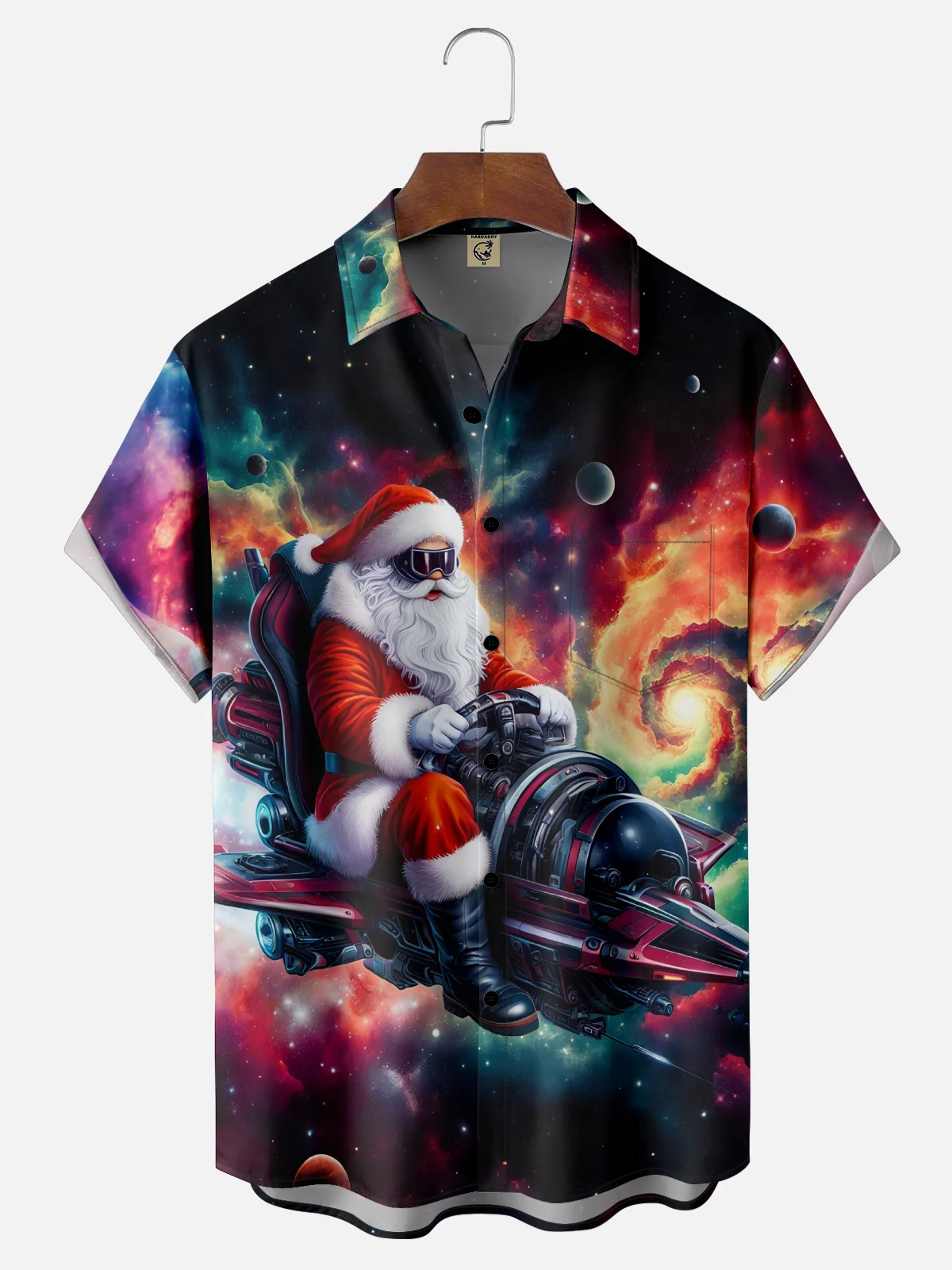 Moisture-Wicking Santa Claus Riding A Plane Cosmic Chest Pocket Hawaiian Shirt
