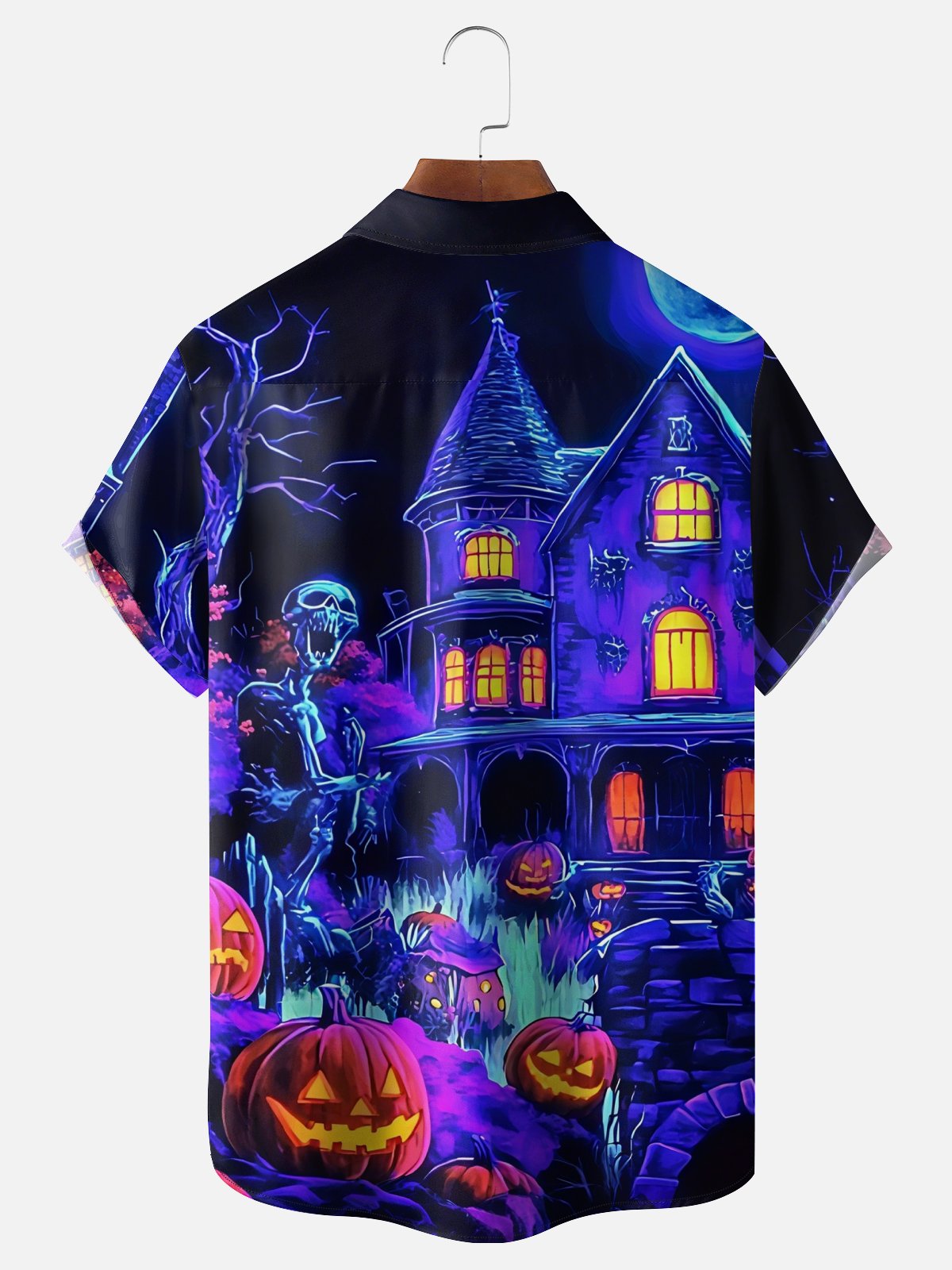 Moisture Wicking Halloween Pumpkin Skull Chest Pocket Hawaiian Shirt