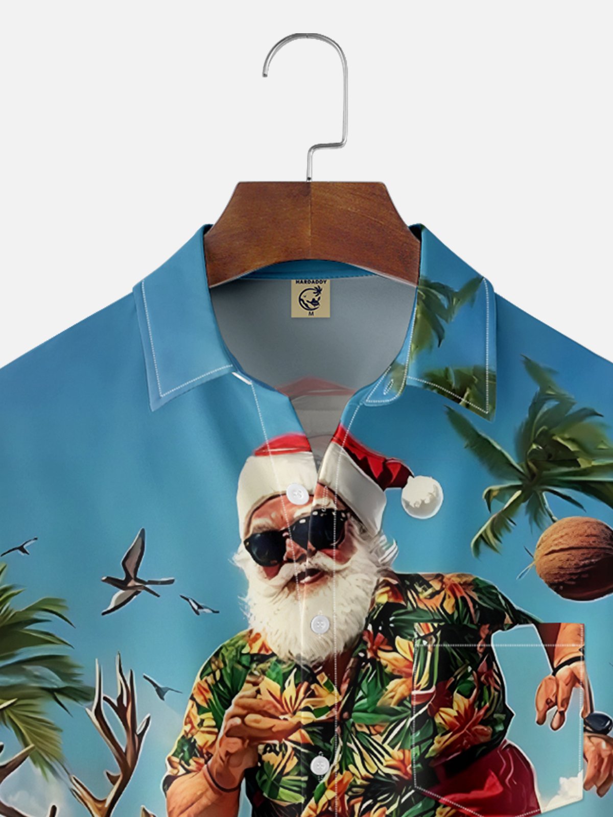Moisture-Wicking Christmas Santa Claus Beach Vacation Chest Pocket Hawaiian Shirt