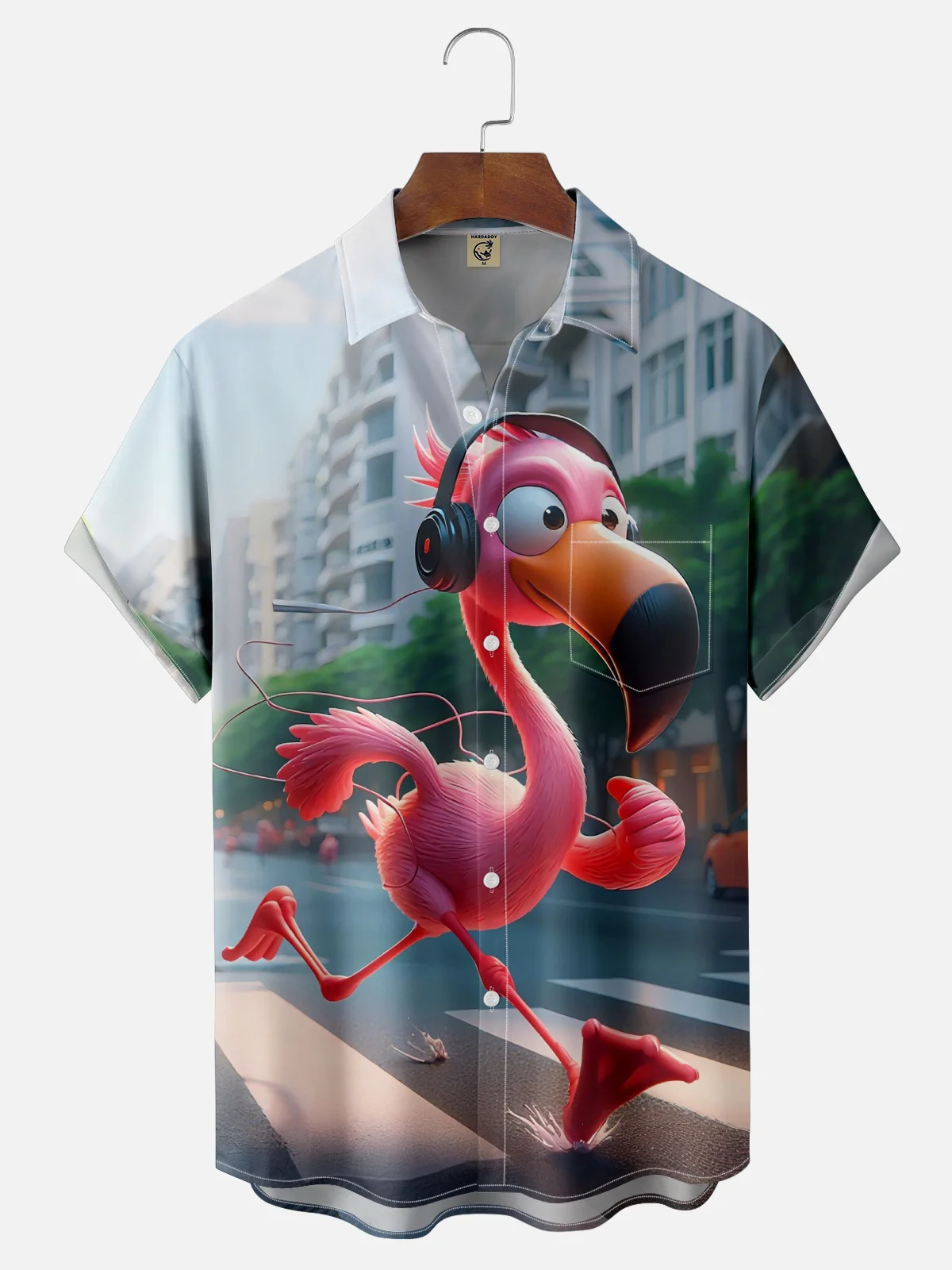 Moisture Wicking Abstract Gradient City Scenery Running Flamingo Chest Pocket Hawaiian Shirt