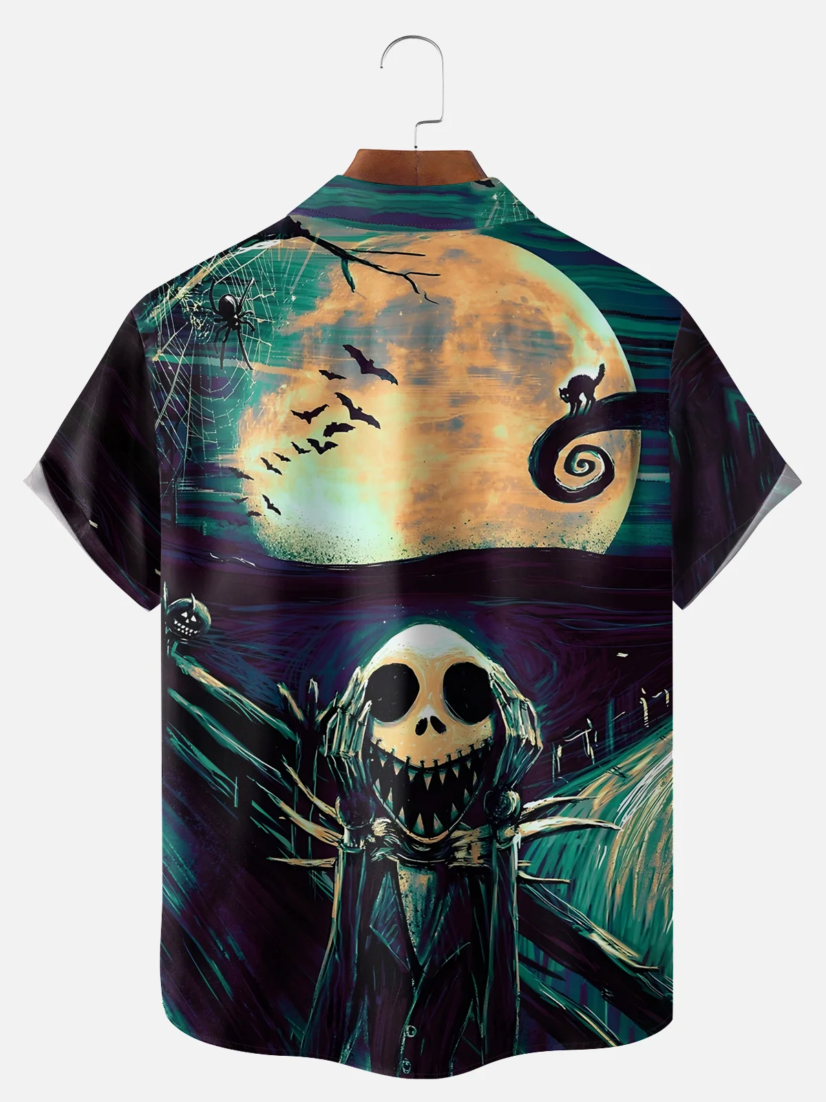 Big Size Moisture Wicking Halloween Ghost Spider Black Cat Abstract Art Chest Pocket Hawaiian Shirt