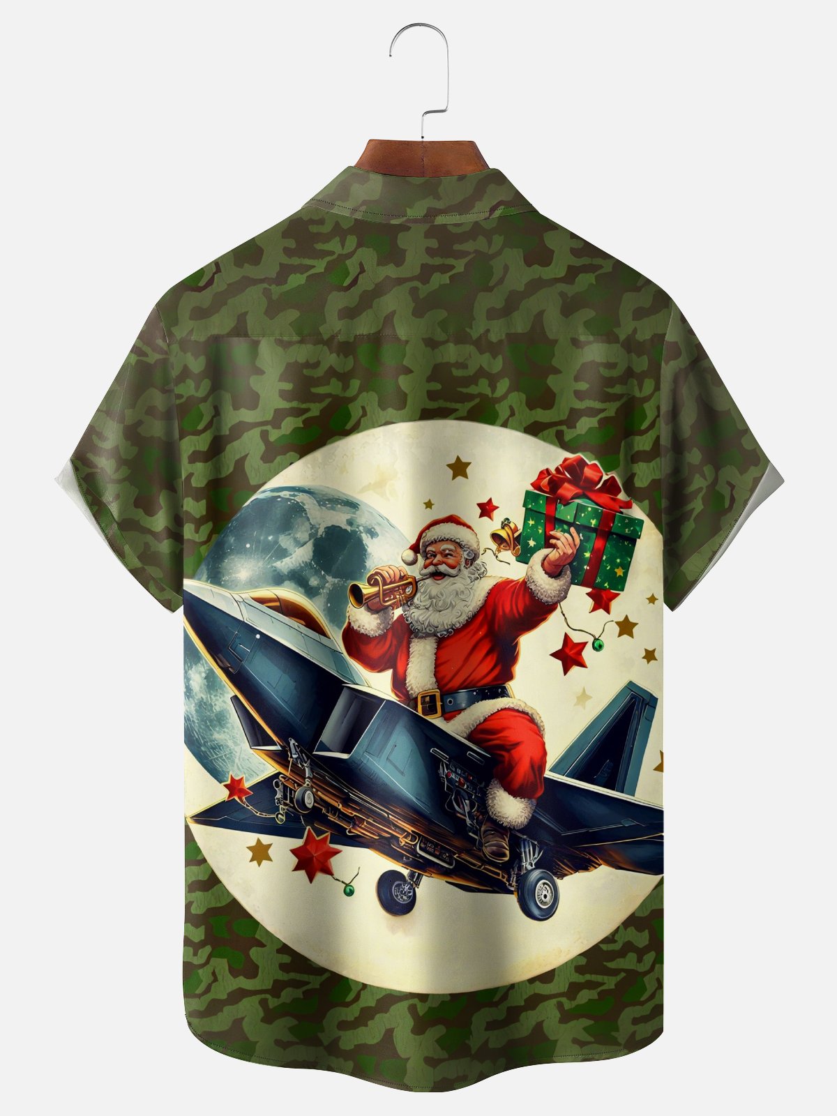 Moisture-Wicking Santa Claus Riding A Plane Camouflage Chest Pocket Hawaiian Shirt