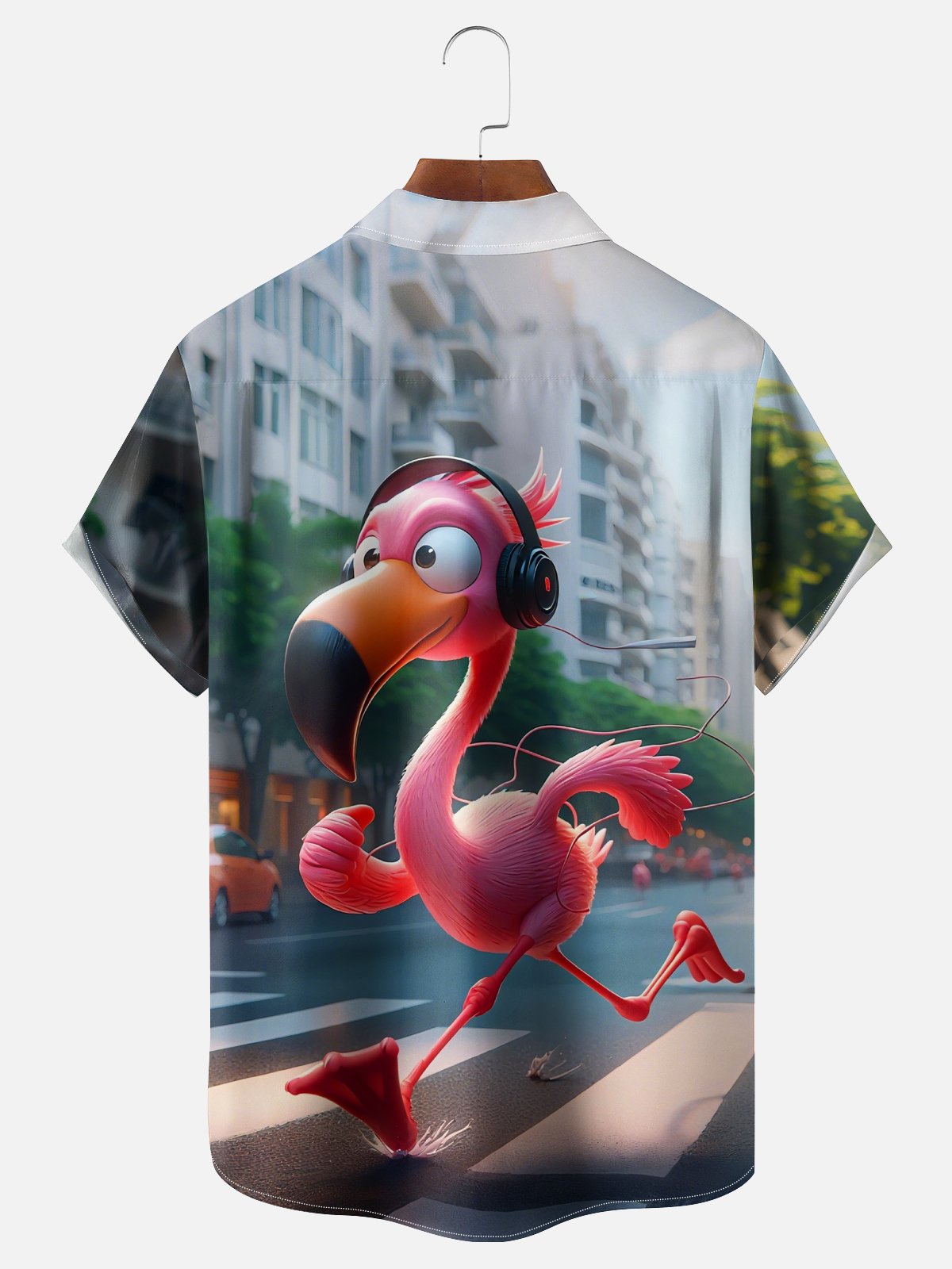 Moisture Wicking Abstract Gradient City Scenery Running Flamingo Chest Pocket Hawaiian Shirt