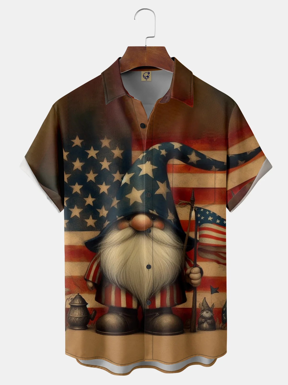 Moisture Wicking Veterans Day American Flag Gnome Chest Pocket Hawaiian Shirt