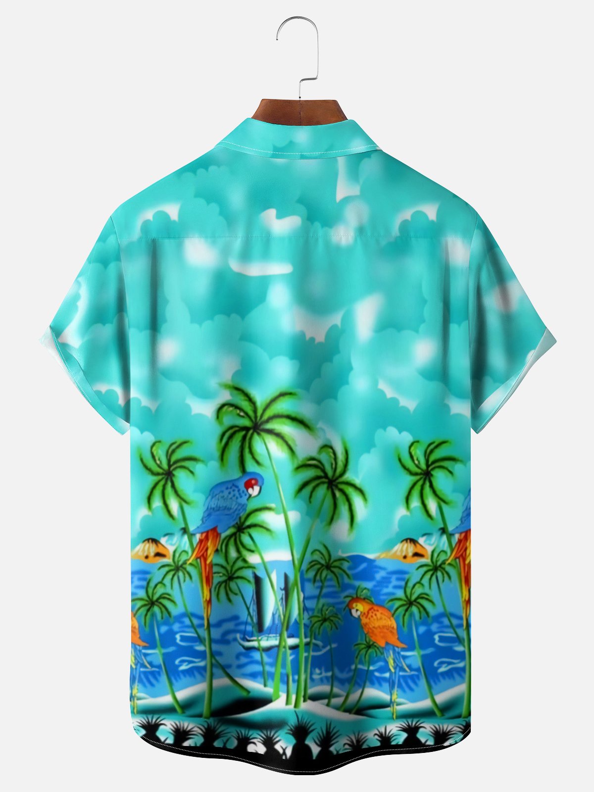 Moisture-Wicking Gradient Coconut Tree Parrot Chest Pocket Hawaiian Shirt