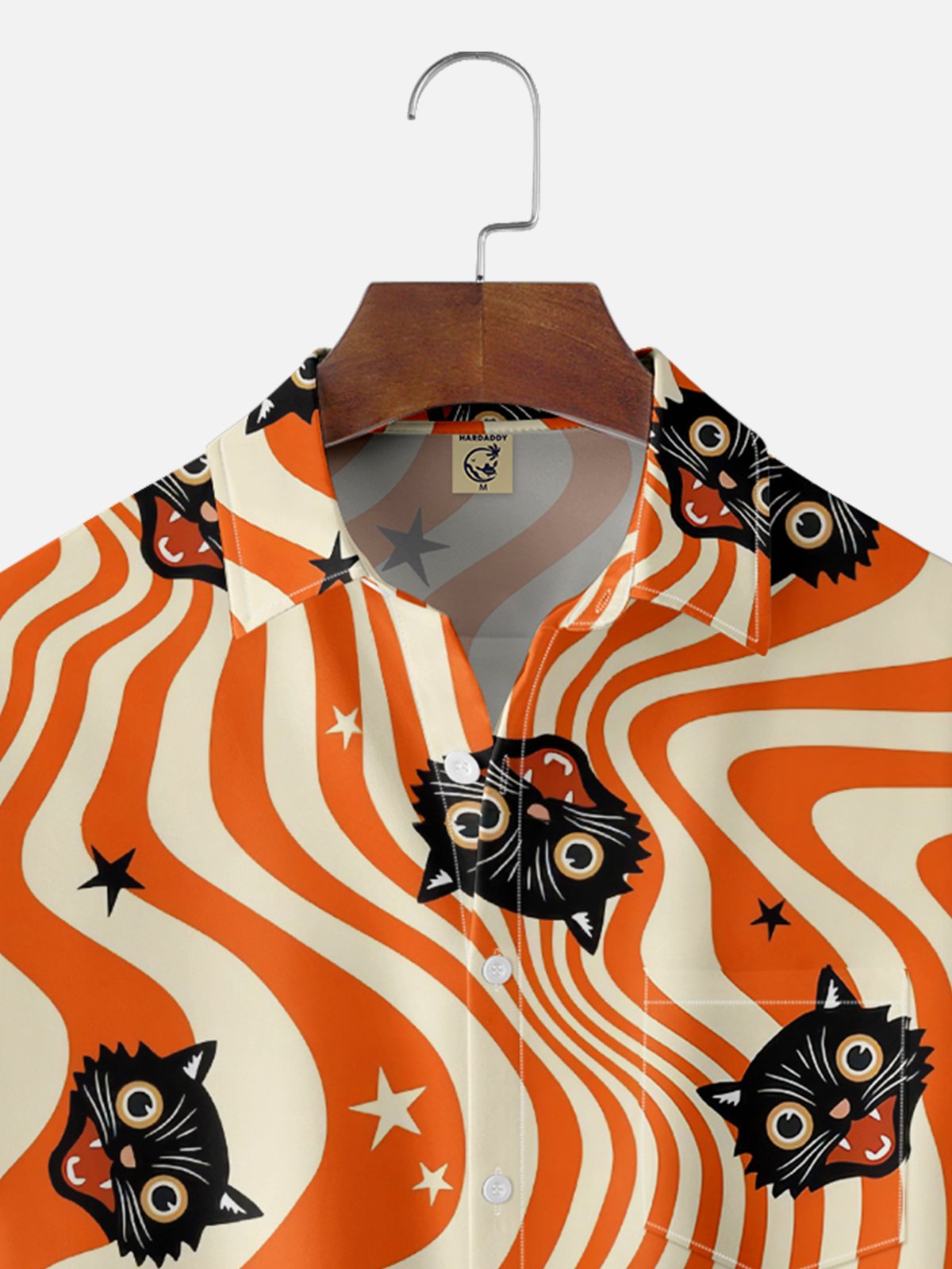 Moisture-Wicking Halloween Black Cat Abstract Geometric Chest Pocket Hawaiian Shirt