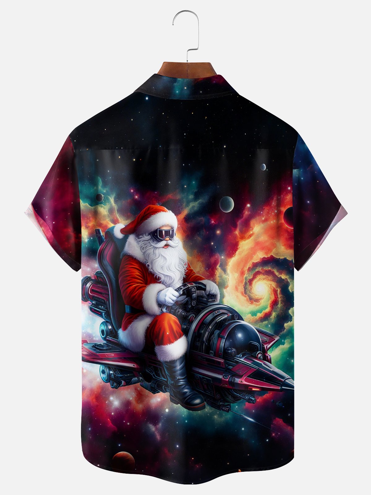 Moisture-Wicking Santa Claus Riding A Plane Cosmic Chest Pocket Hawaiian Shirt