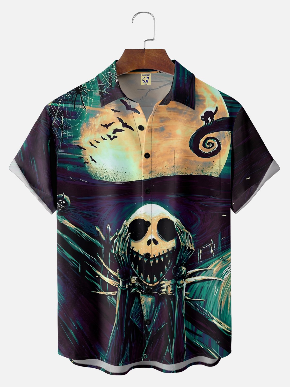 Big Size Moisture Wicking Halloween Ghost Spider Black Cat Abstract Art Chest Pocket Hawaiian Shirt