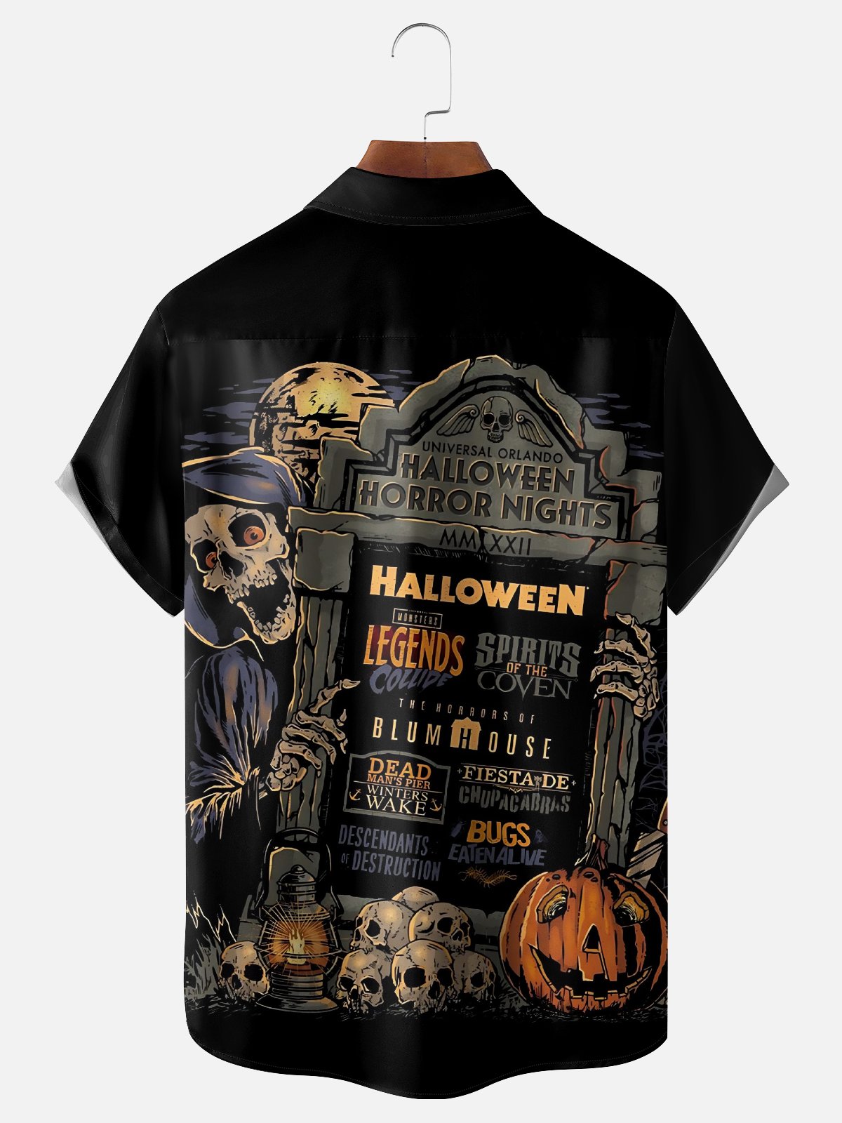 Moisture-Wicking Halloween Pumpkin Skull Chest Pocket Hawaiian Shirt