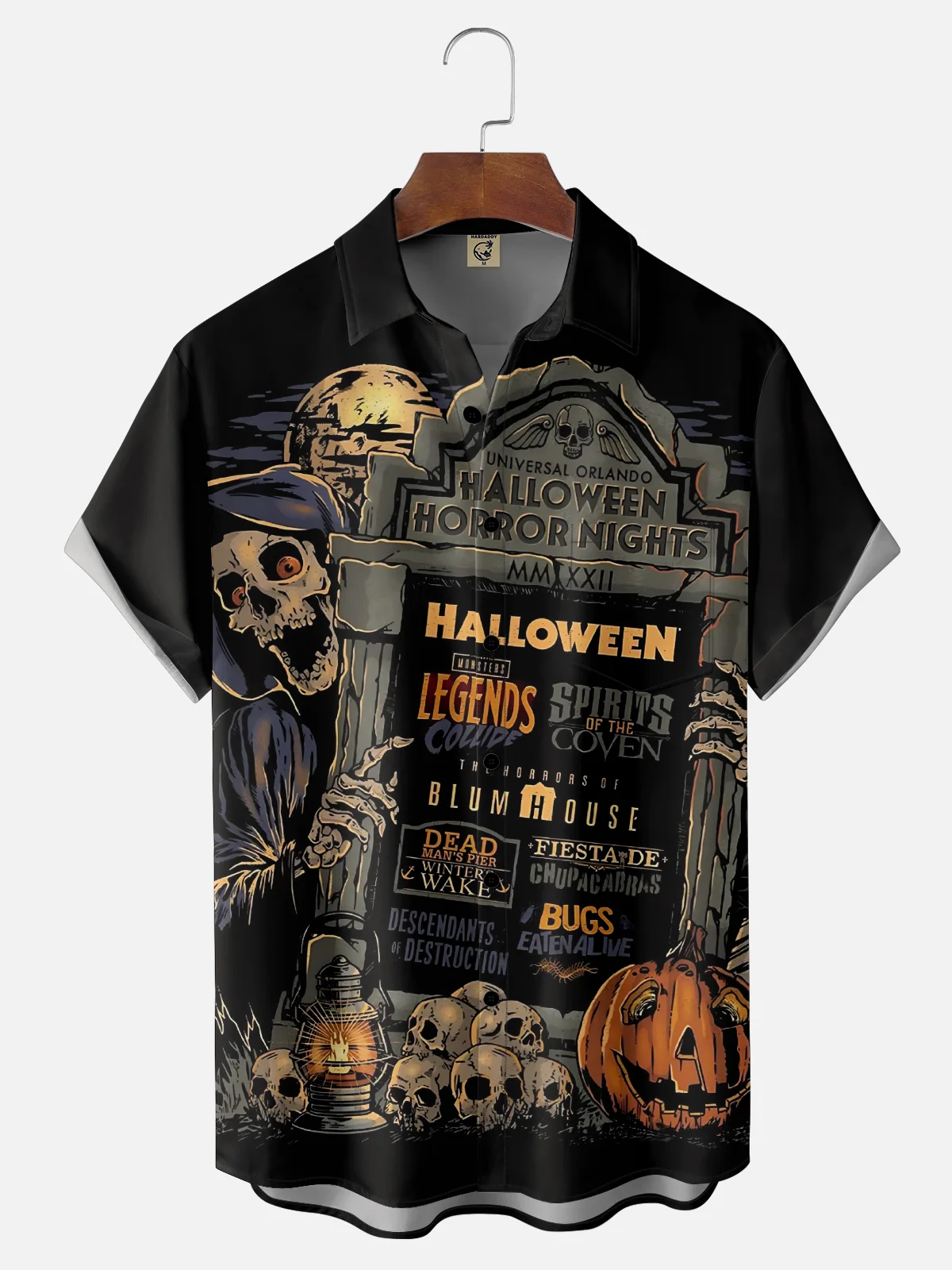 Moisture-Wicking Halloween Pumpkin Skull Chest Pocket Hawaiian Shirt