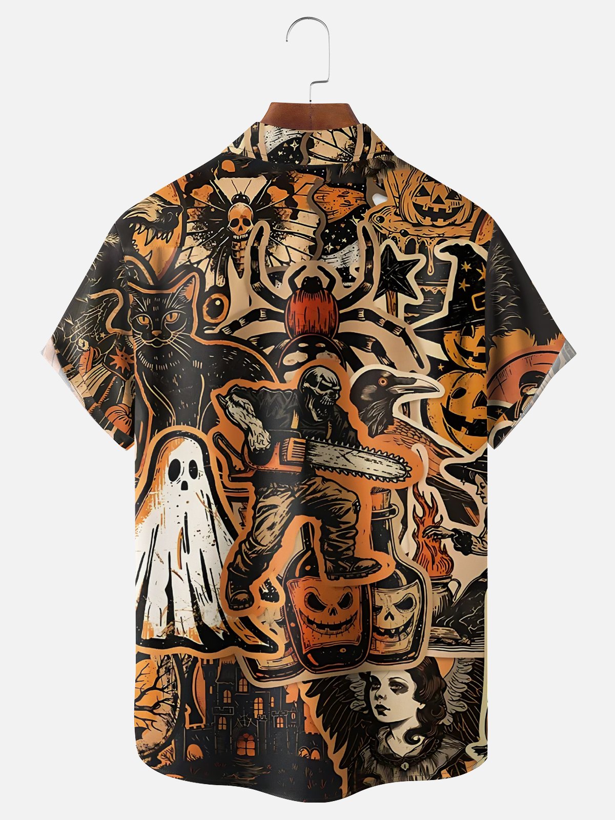 Moisture Wicking Halloween Chainsaw Zombie Pumpkin Ghost Chest Pocket Hawaiian Shirt