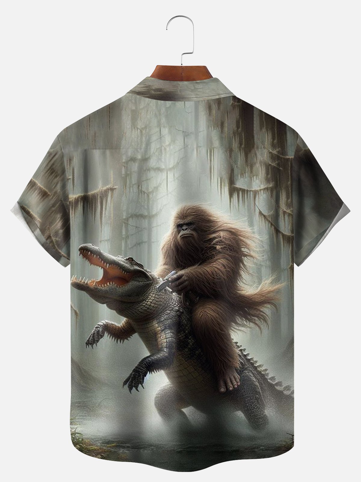 Big Size Moisture-wicking Bigfoot vs Alligator Chest Pocket Hawaiian Shirt