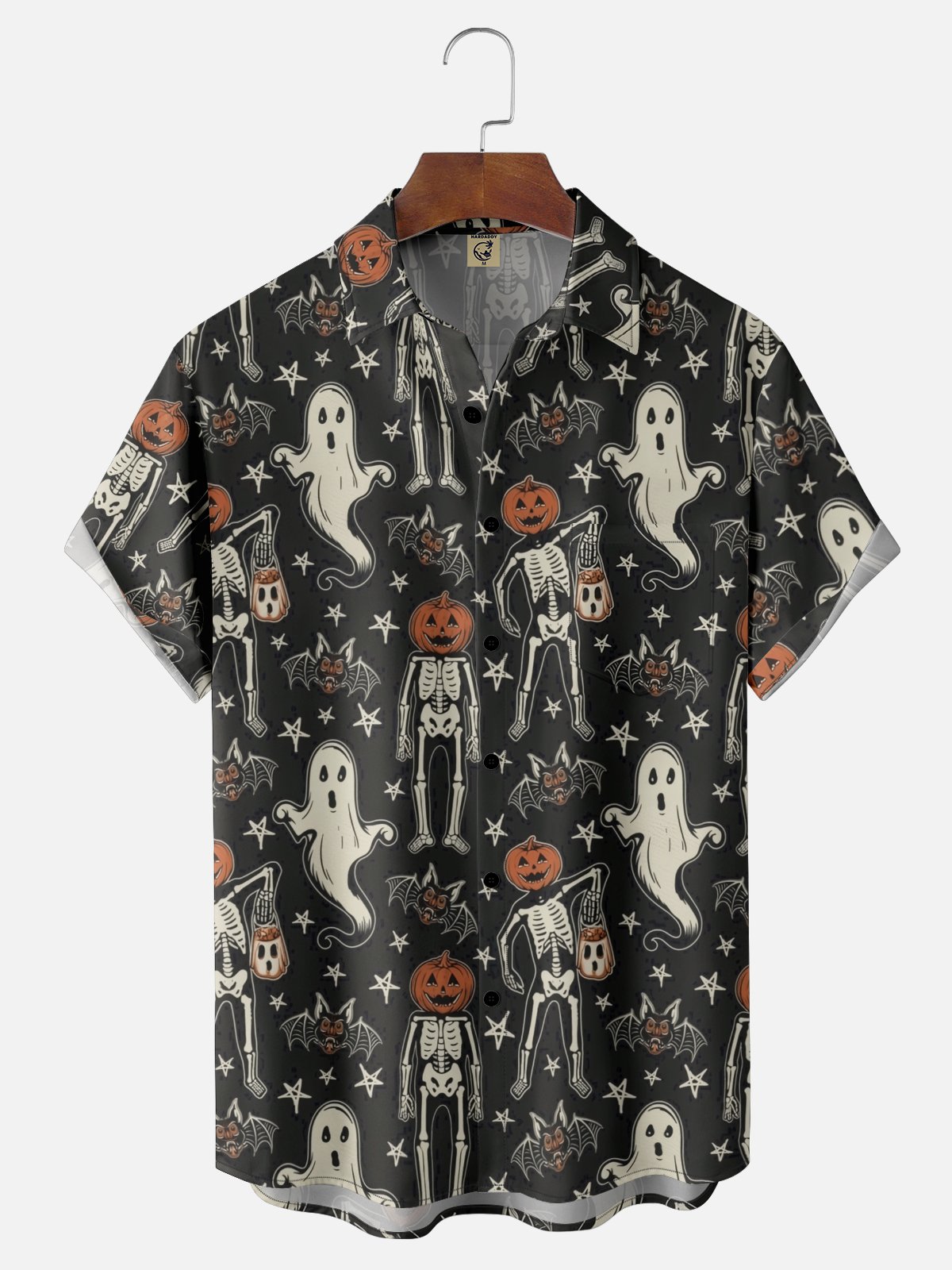Moisture-wicking Halloween Pumpkin Skull Ghost Chest Pocket Casual Shirt