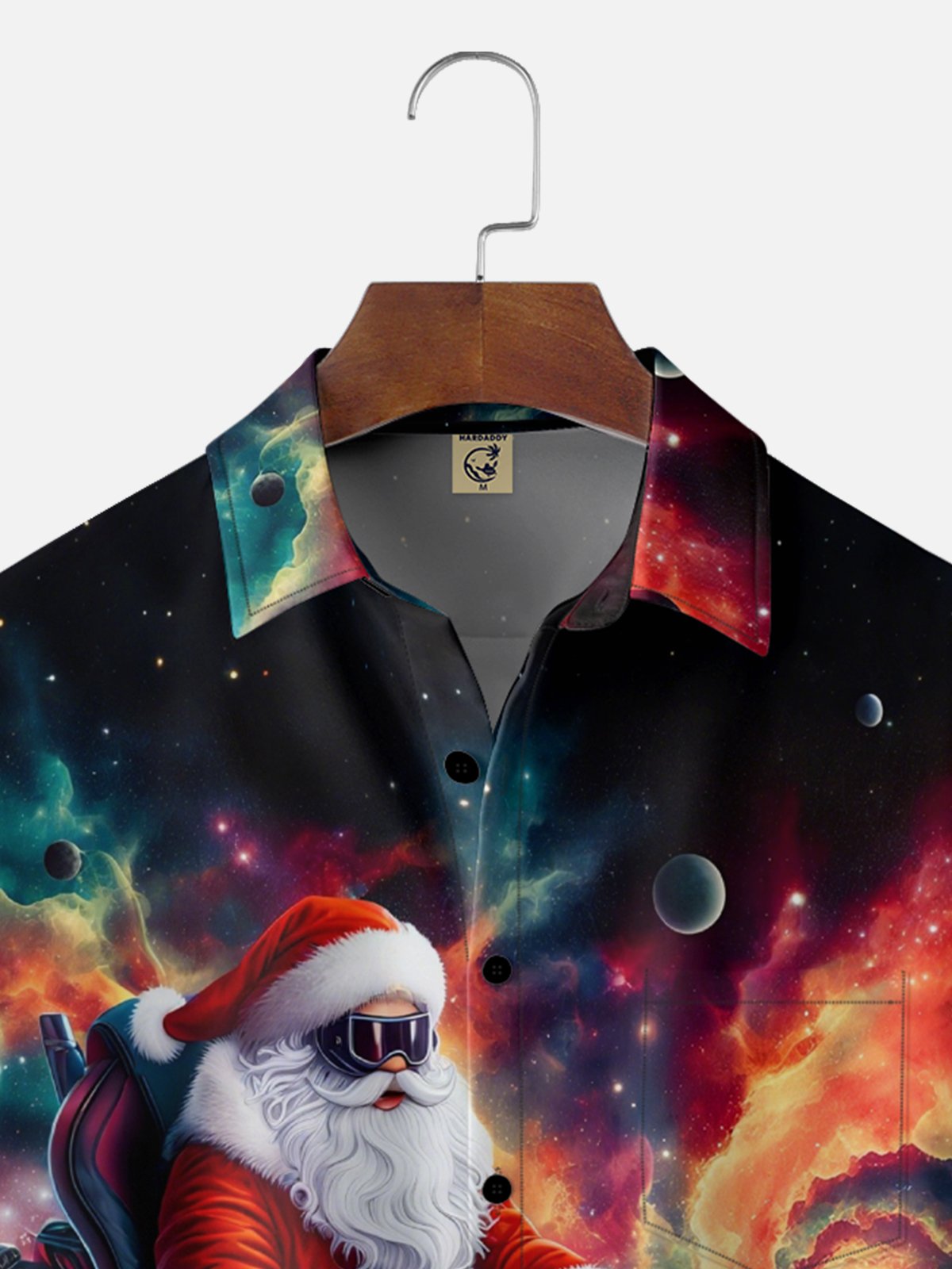 Moisture-Wicking Santa Claus Riding A Plane Cosmic Chest Pocket Hawaiian Shirt