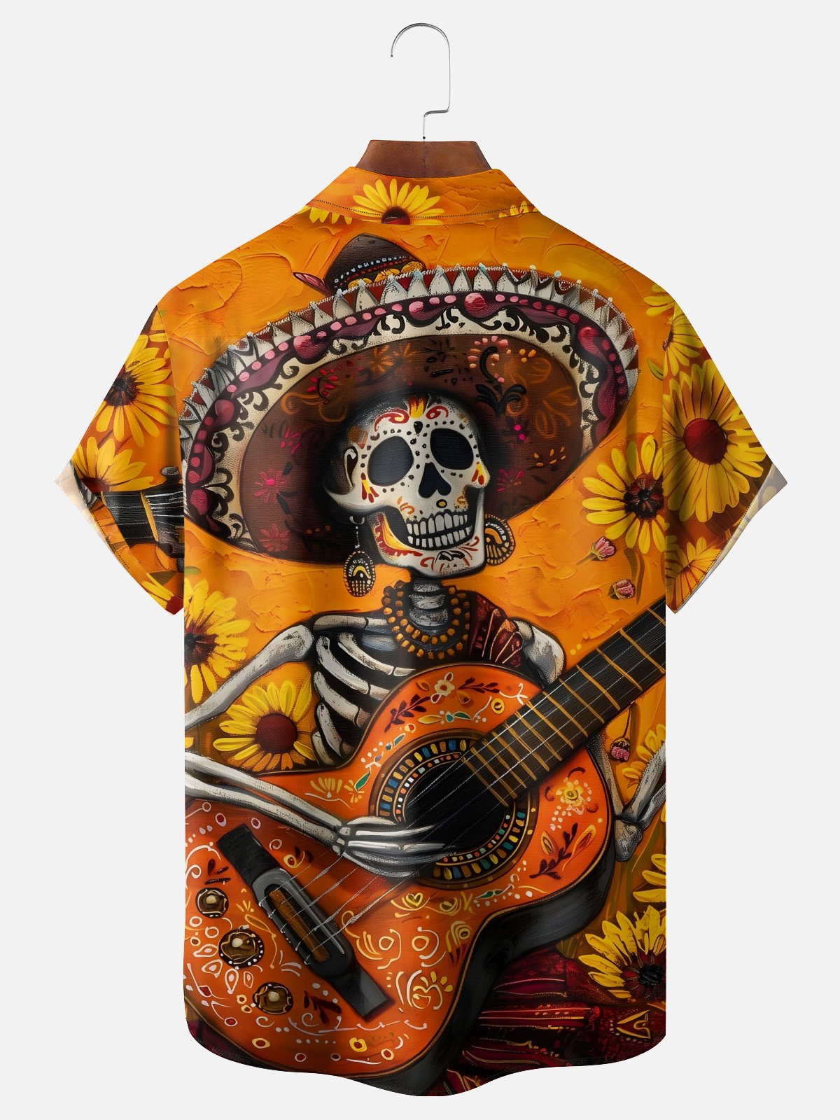 Moisture-wicking Day Of The Dead Skeleton Guitar Chest Pocket Casual Shirt