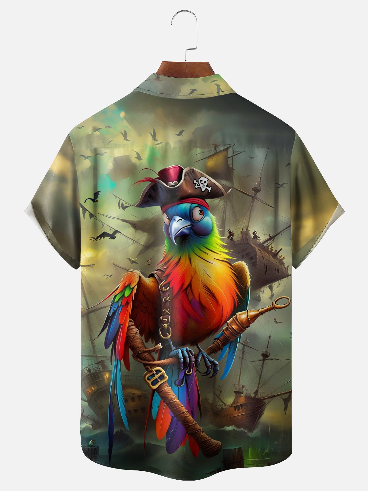 Moisture-Wicking Gradient Pirate Parrot Sailboat Chest Pocket Hawaiian Shirt