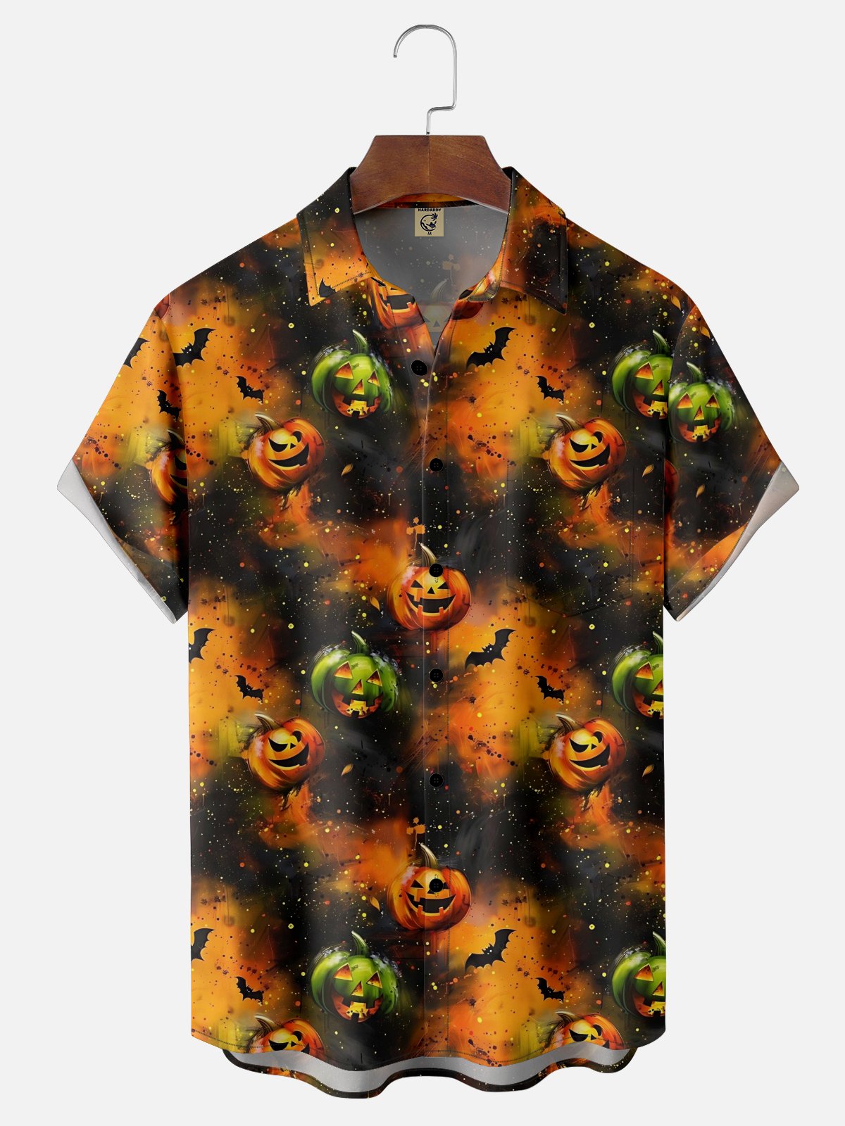 Moisture-Wicking Halloween Pumpkin Bat Chest Pocket Hawaiian Shirt