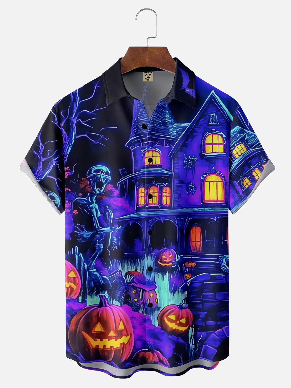 Moisture Wicking Halloween Pumpkin Skull Chest Pocket Hawaiian Shirt