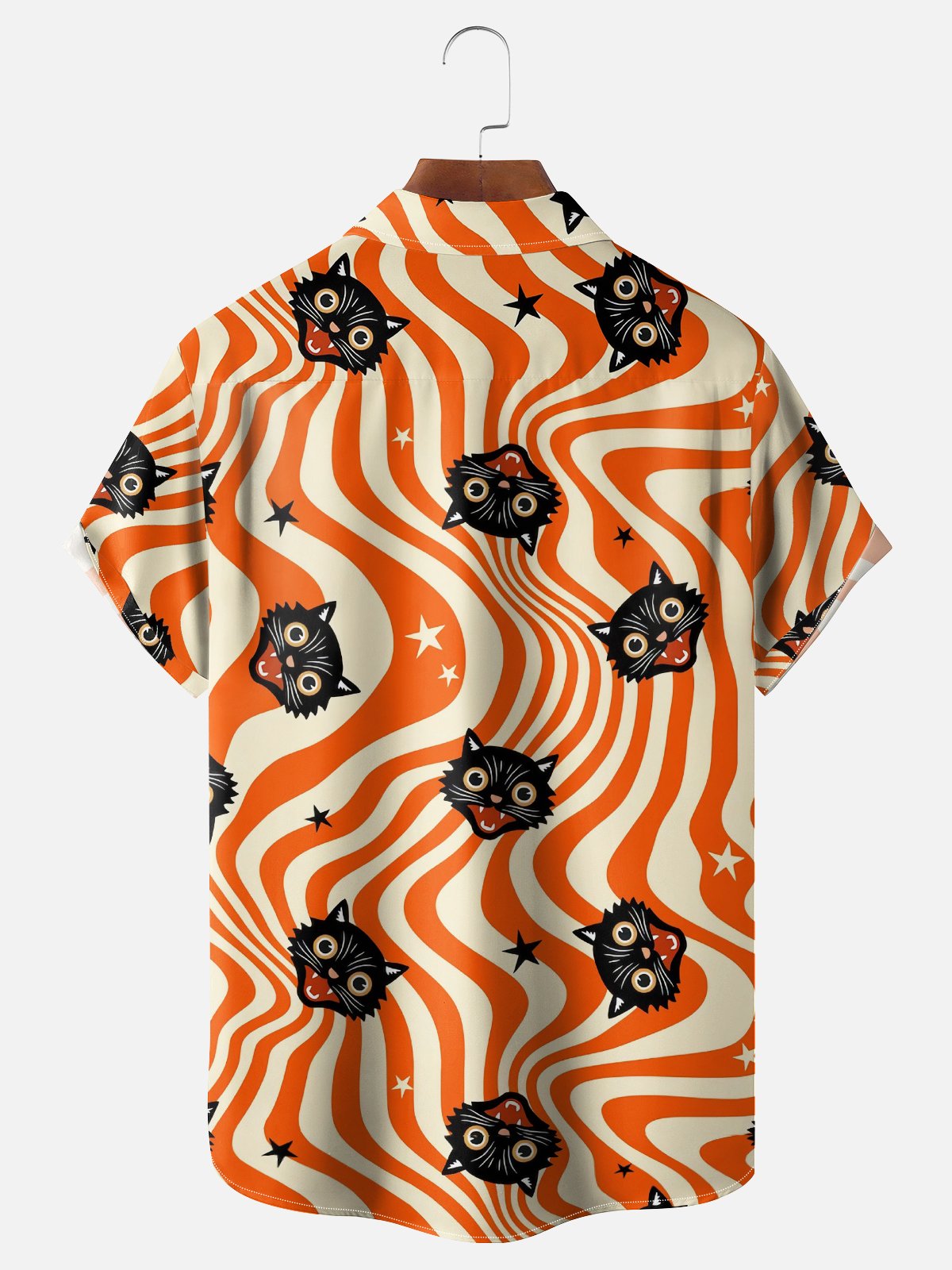 Moisture-Wicking Halloween Black Cat Abstract Geometric Chest Pocket Hawaiian Shirt