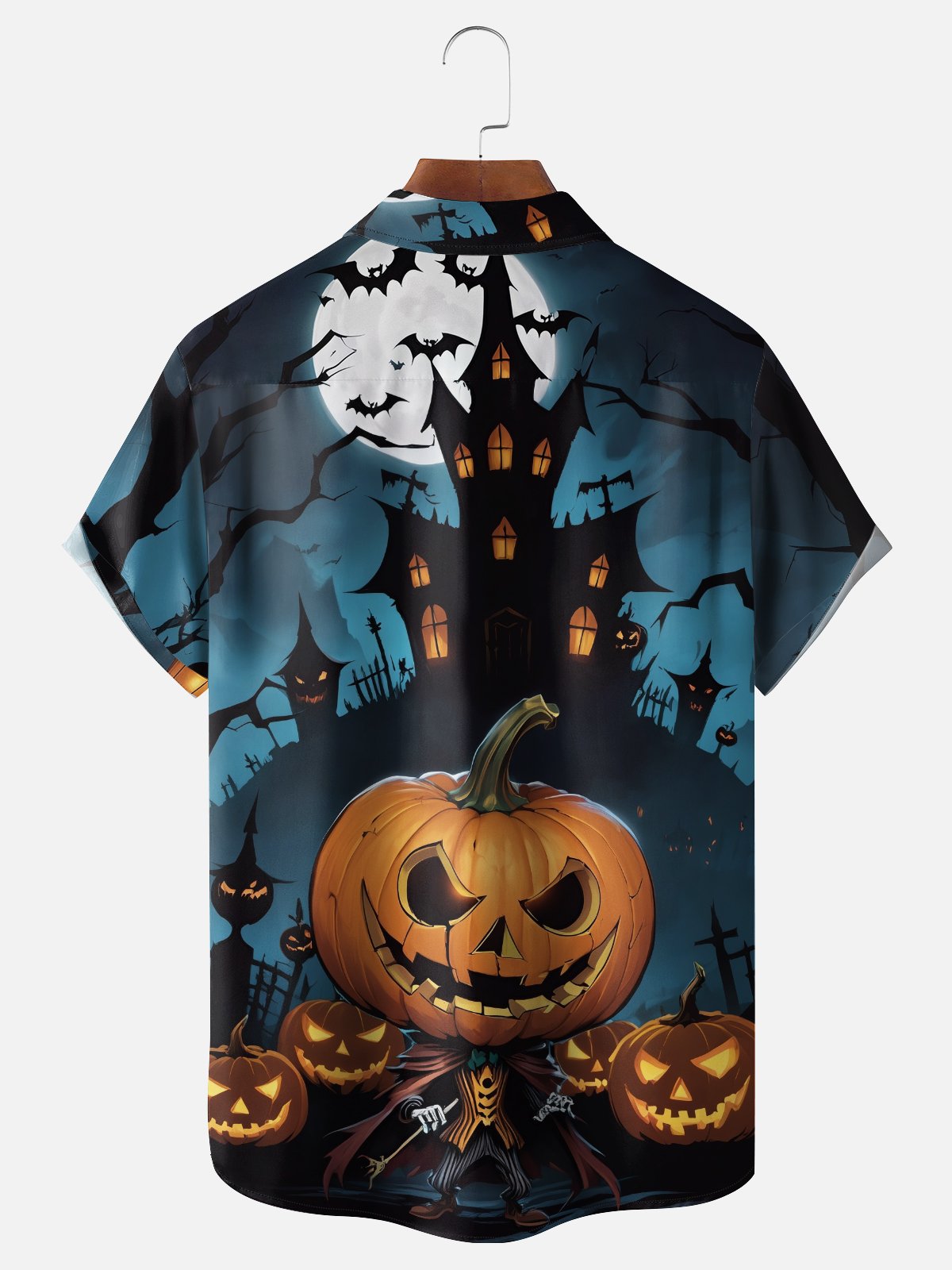Moisture-wicking Halloween Pumpkin Castle Chest Pocket Casual Shirt