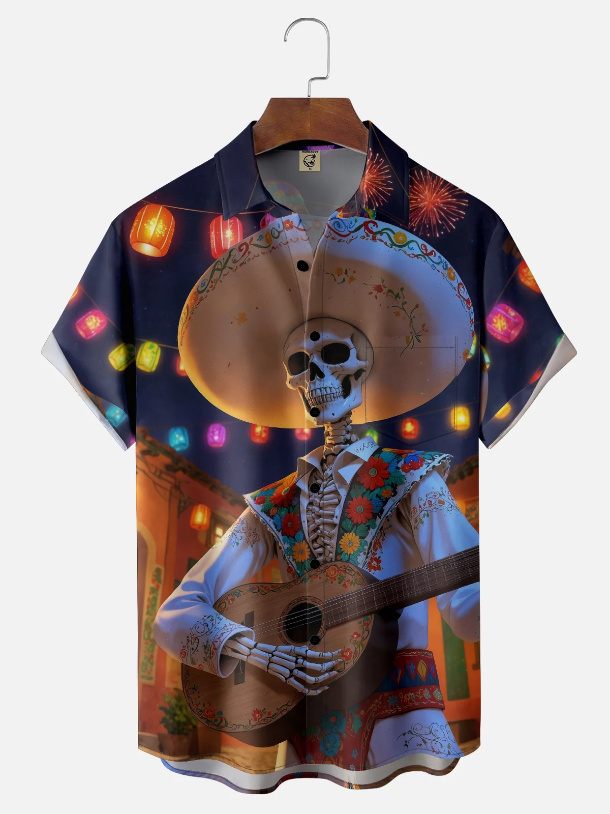 Moisture-wicking Day Of The Dead Skeleton Guitar Chest Pocket Casual Shirt