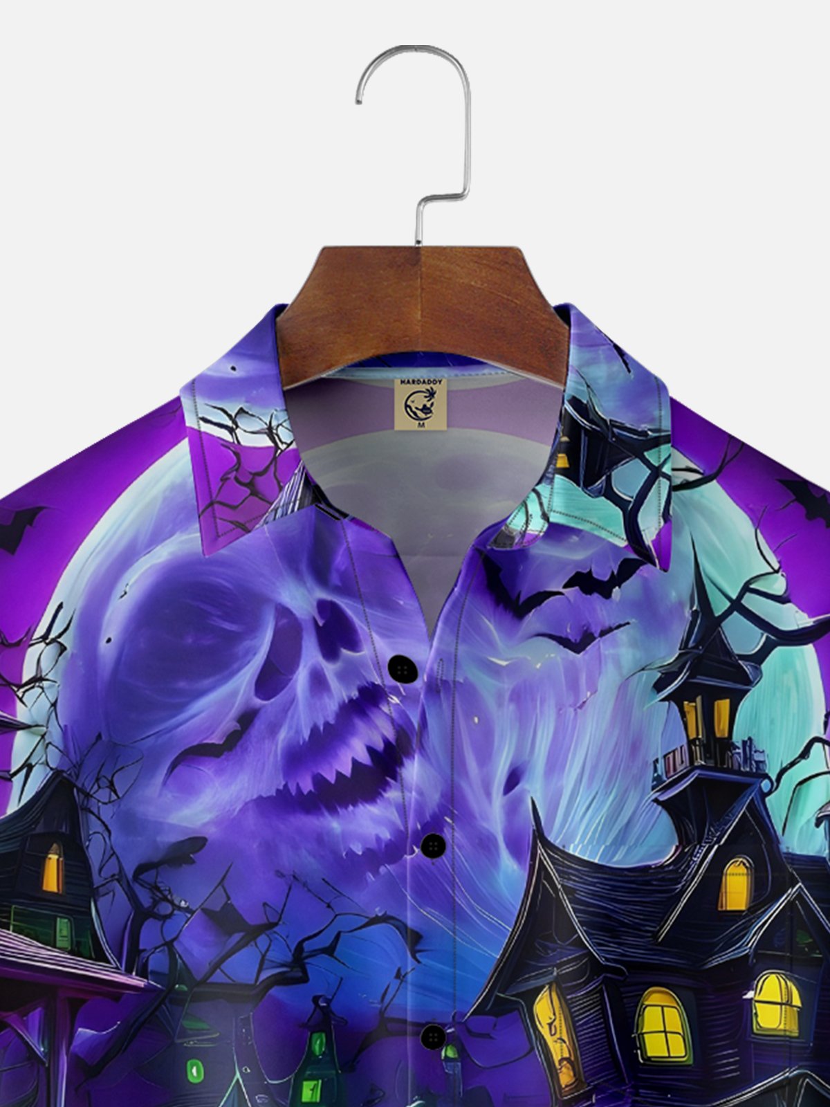 Moisture-Wicking Halloween Ghost Castle Pumpkin Chest Pocket Hawaiian Shirt