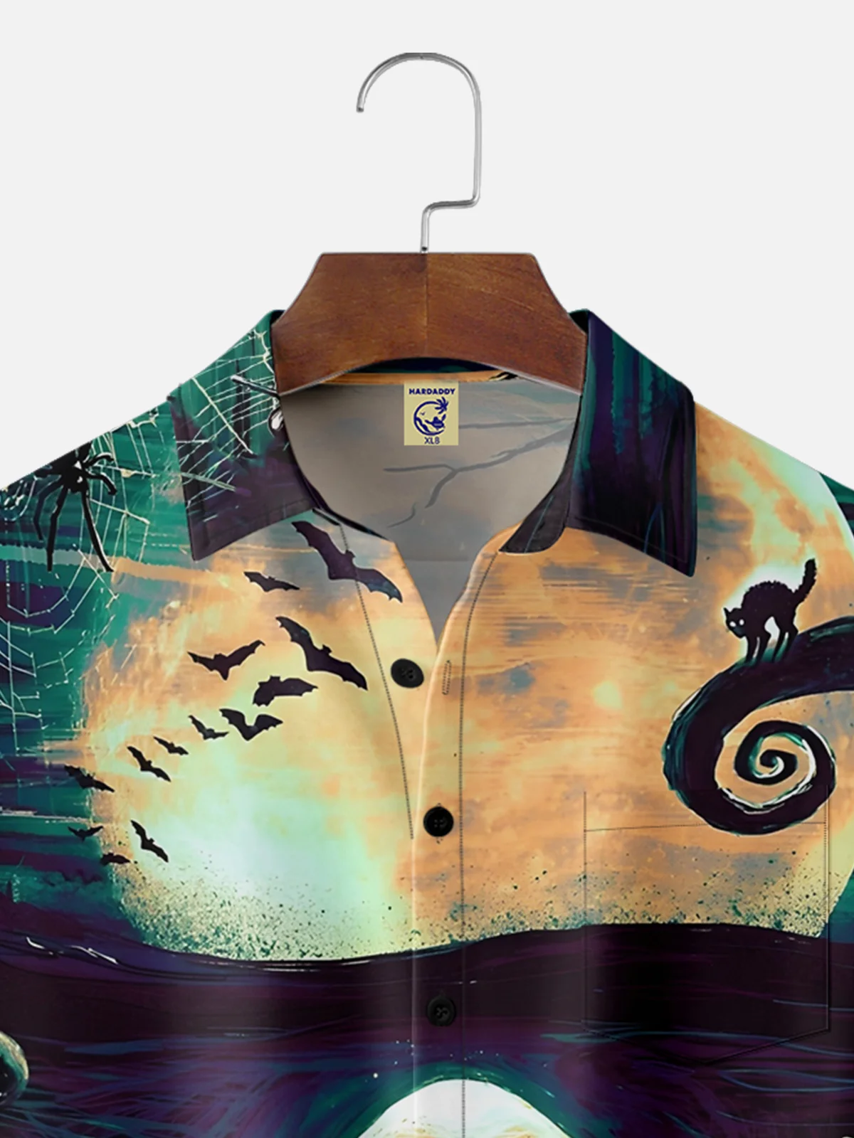 Big Size Moisture Wicking Halloween Ghost Spider Black Cat Abstract Art Chest Pocket Hawaiian Shirt