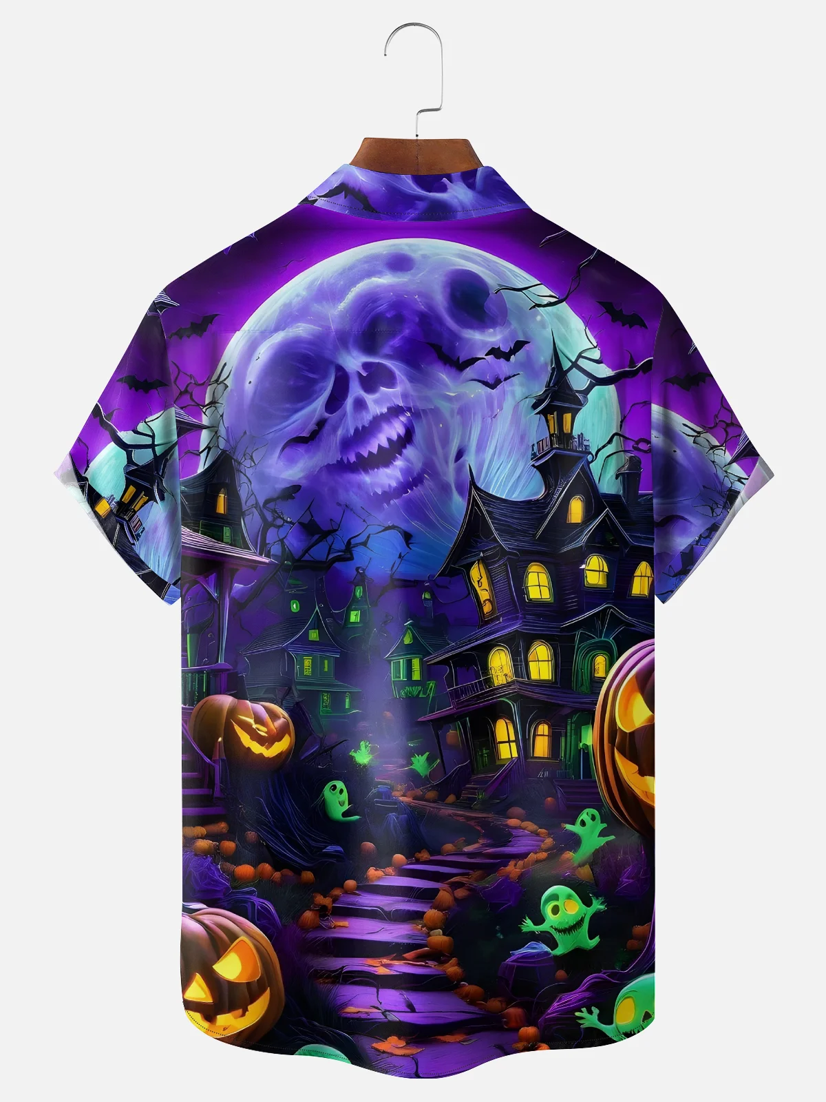 Moisture-Wicking Halloween Ghost Castle Pumpkin Chest Pocket Hawaiian Shirt