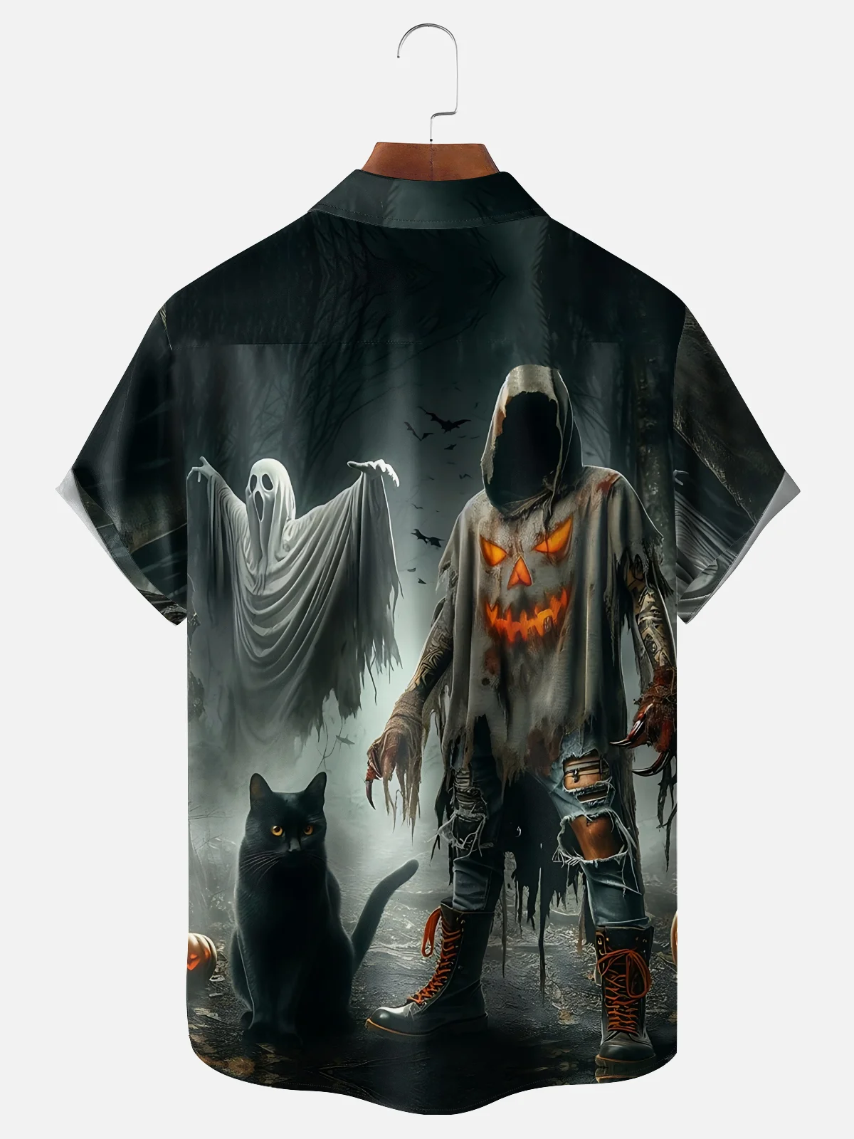 Moisture-Wicking Halloween Ghost Cat Chest Pocket Hawaiian Shirt