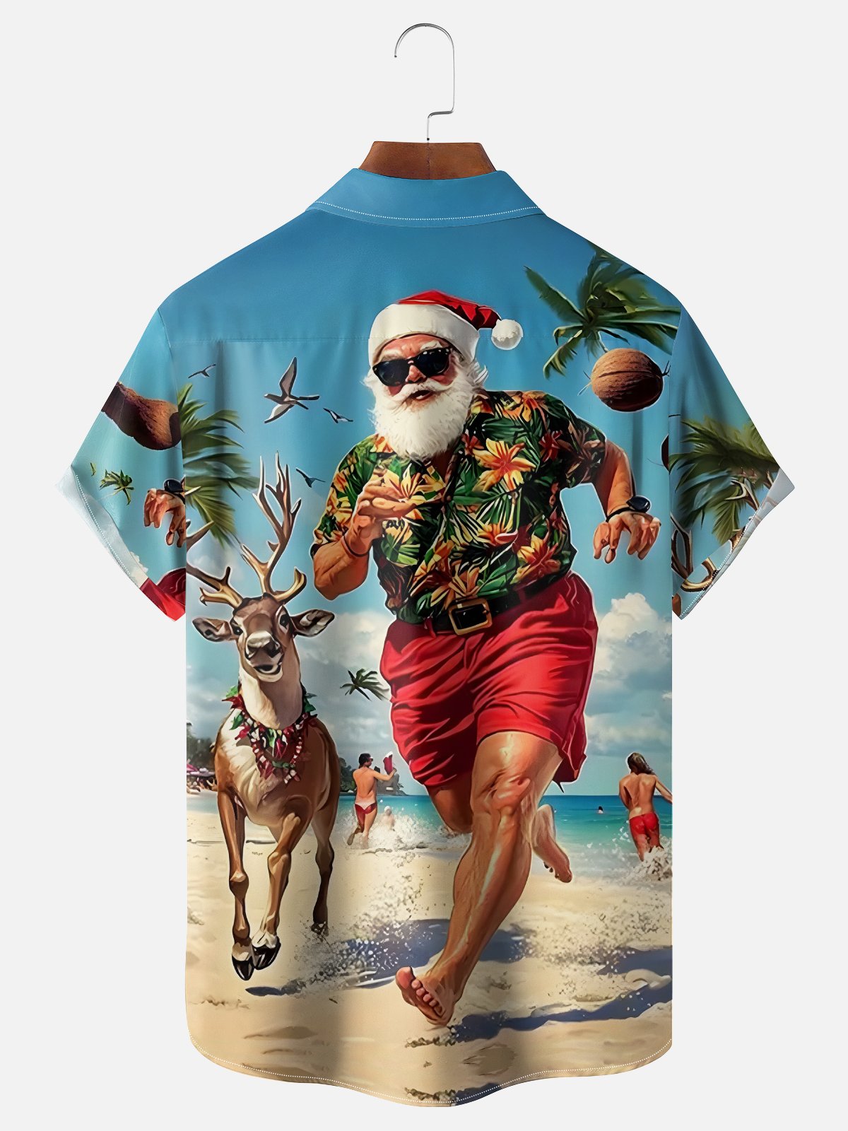 Moisture-Wicking Christmas Santa Claus Beach Vacation Chest Pocket Hawaiian Shirt