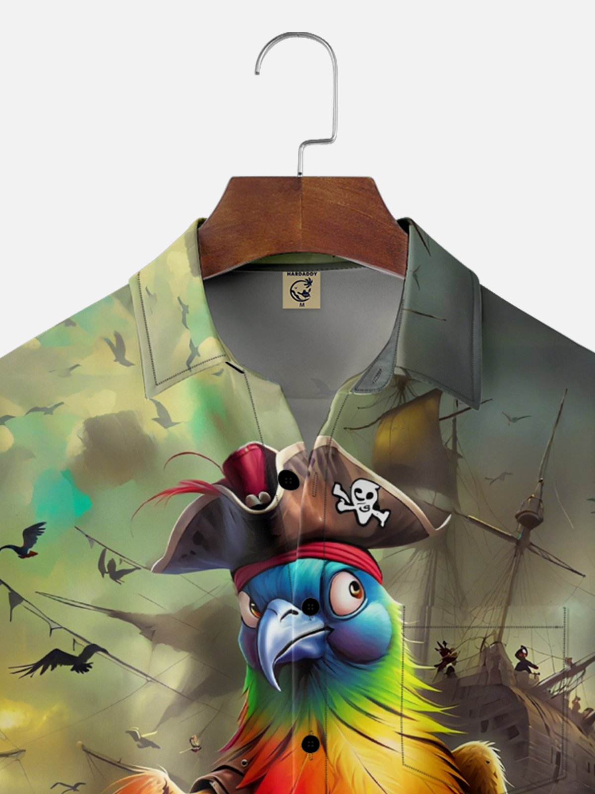 Moisture-Wicking Gradient Pirate Parrot Sailboat Chest Pocket Hawaiian Shirt