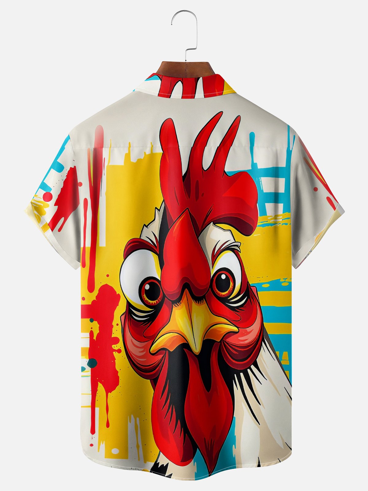 Moisture-Wicking Abstract Geometric Fun Chicken Chest Pocket Hawaiian Shirt