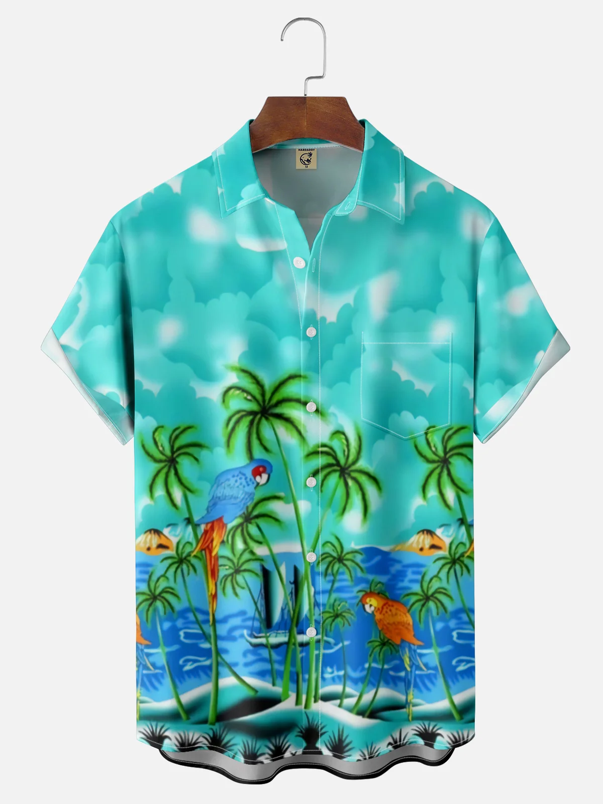 Moisture-Wicking Gradient Coconut Tree Parrot Chest Pocket Hawaiian Shirt