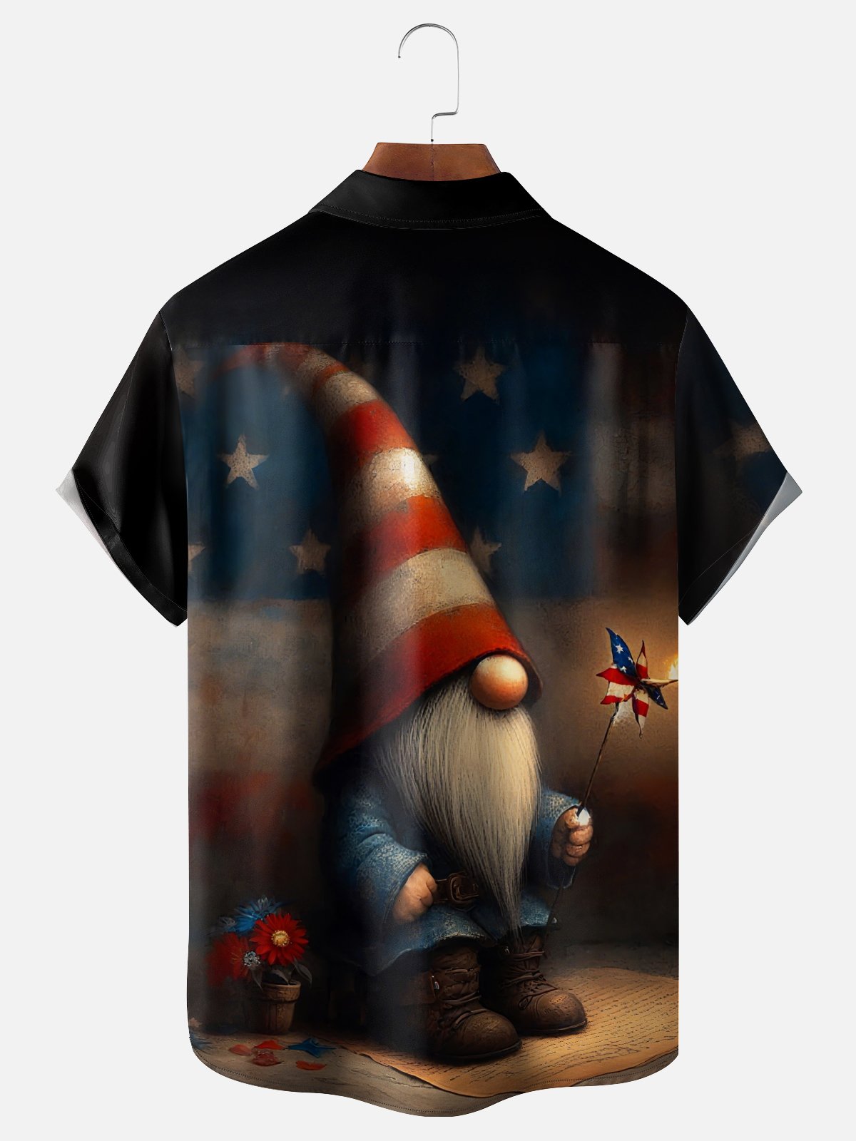 Moisture Wicking Veterans Day Gradient Abstract Gnome American Flag Pinwheel Chest Pocket Hawaiian Shirt