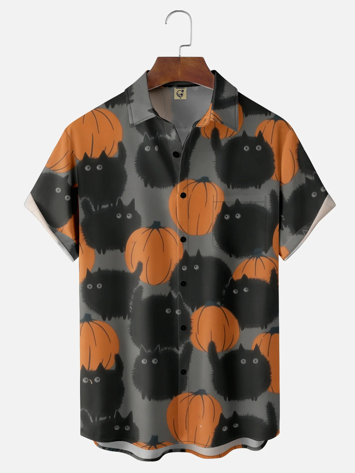 Moisture-wicking Halloween Pumpkin Cat Chest Pocket Casual Shirt